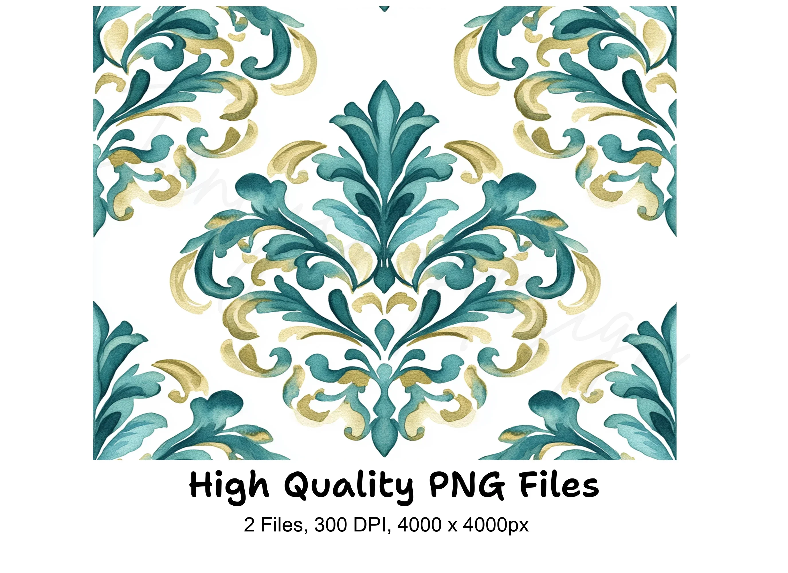 Elegant Teal Gold Damask Pattern Clipart Bundle