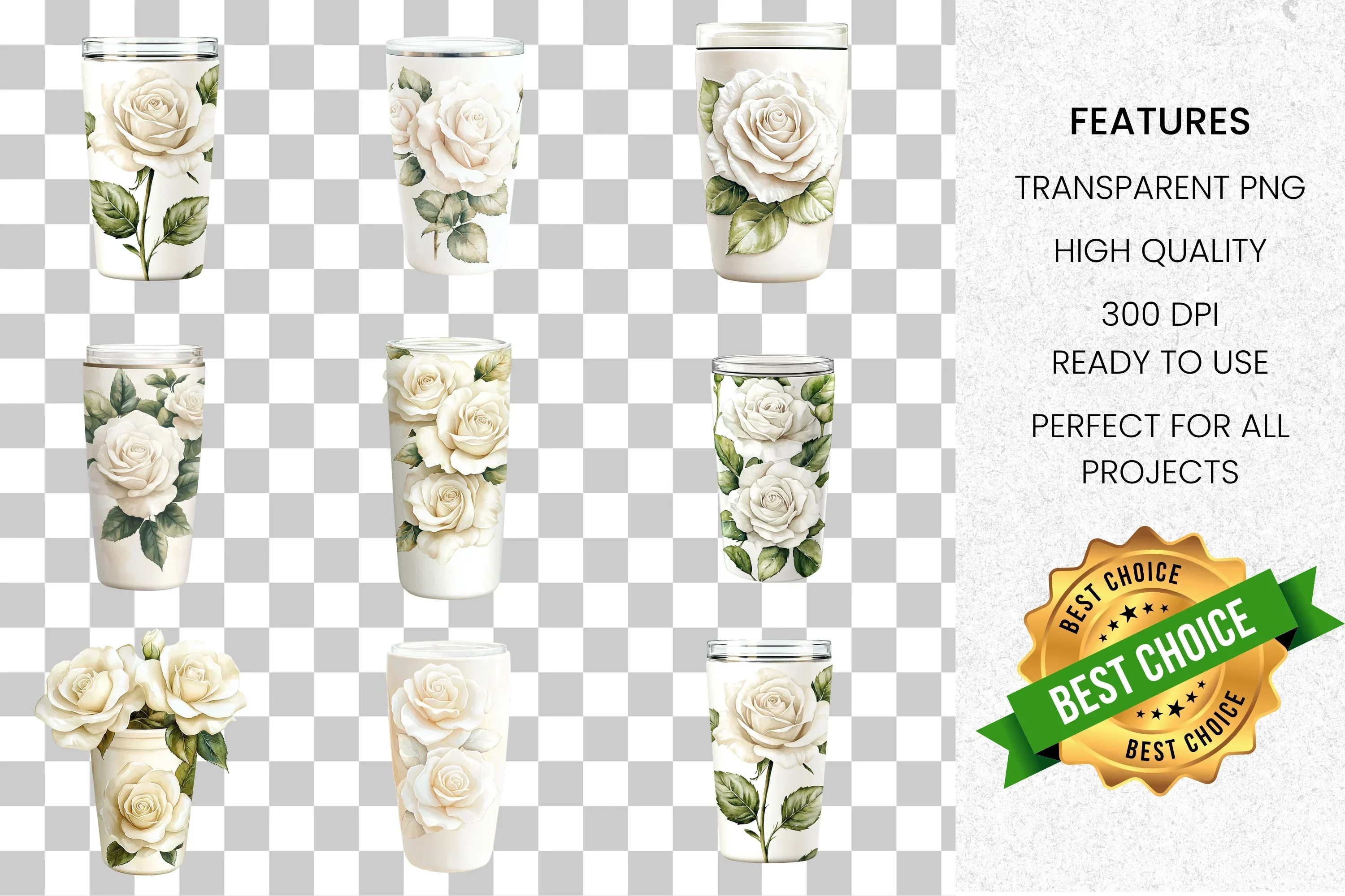 Elegant White Rose Tumbler Clipart Bundle - Image 8