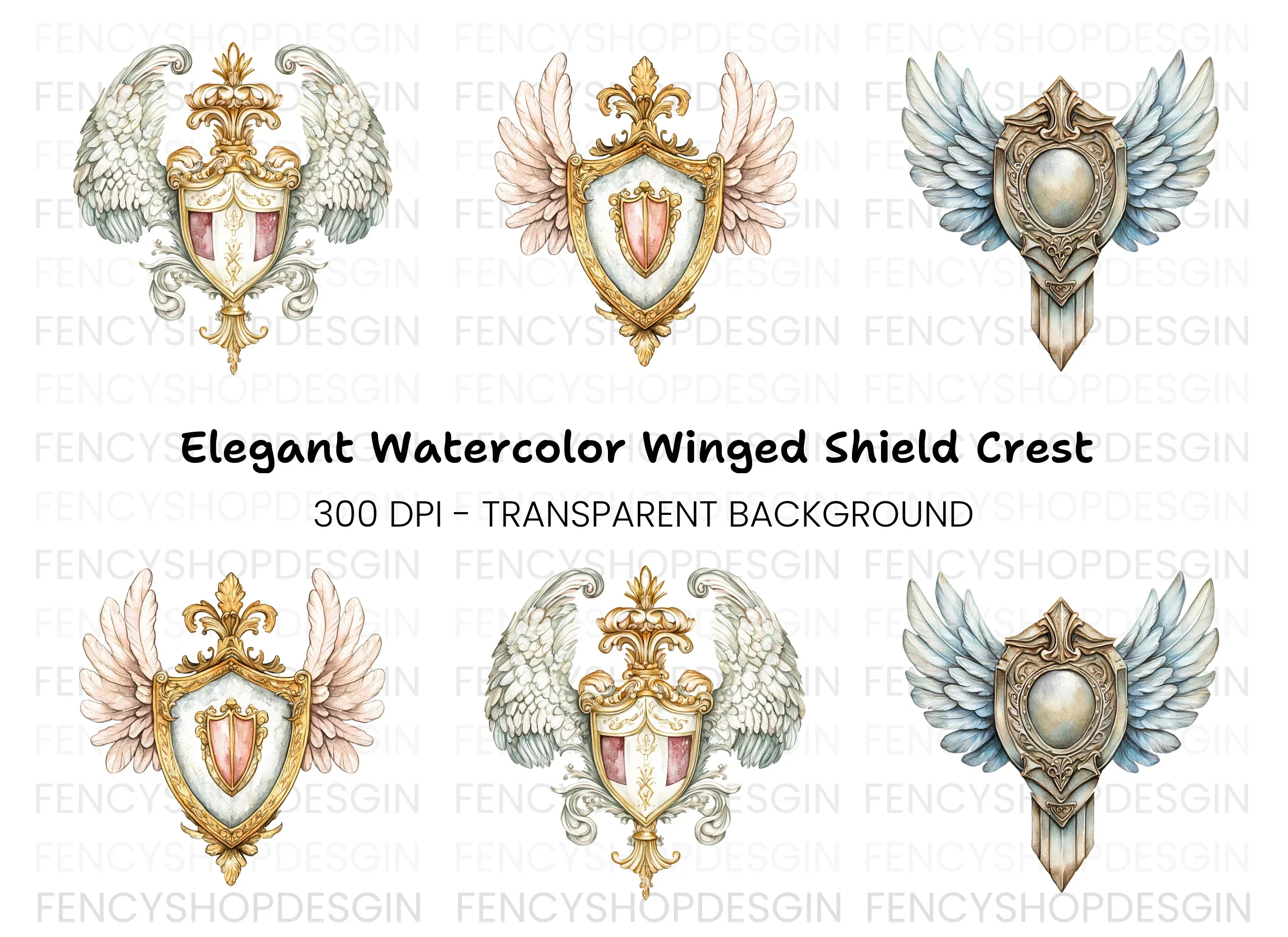 Elegant Winged Shields Clipart Bundle