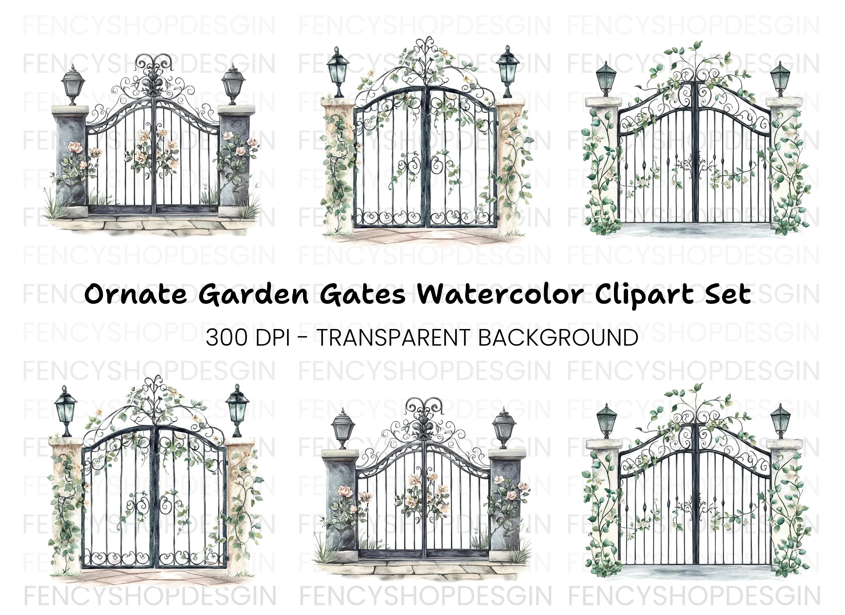 Elegant Wrought Iron Gate Clipart Bundle