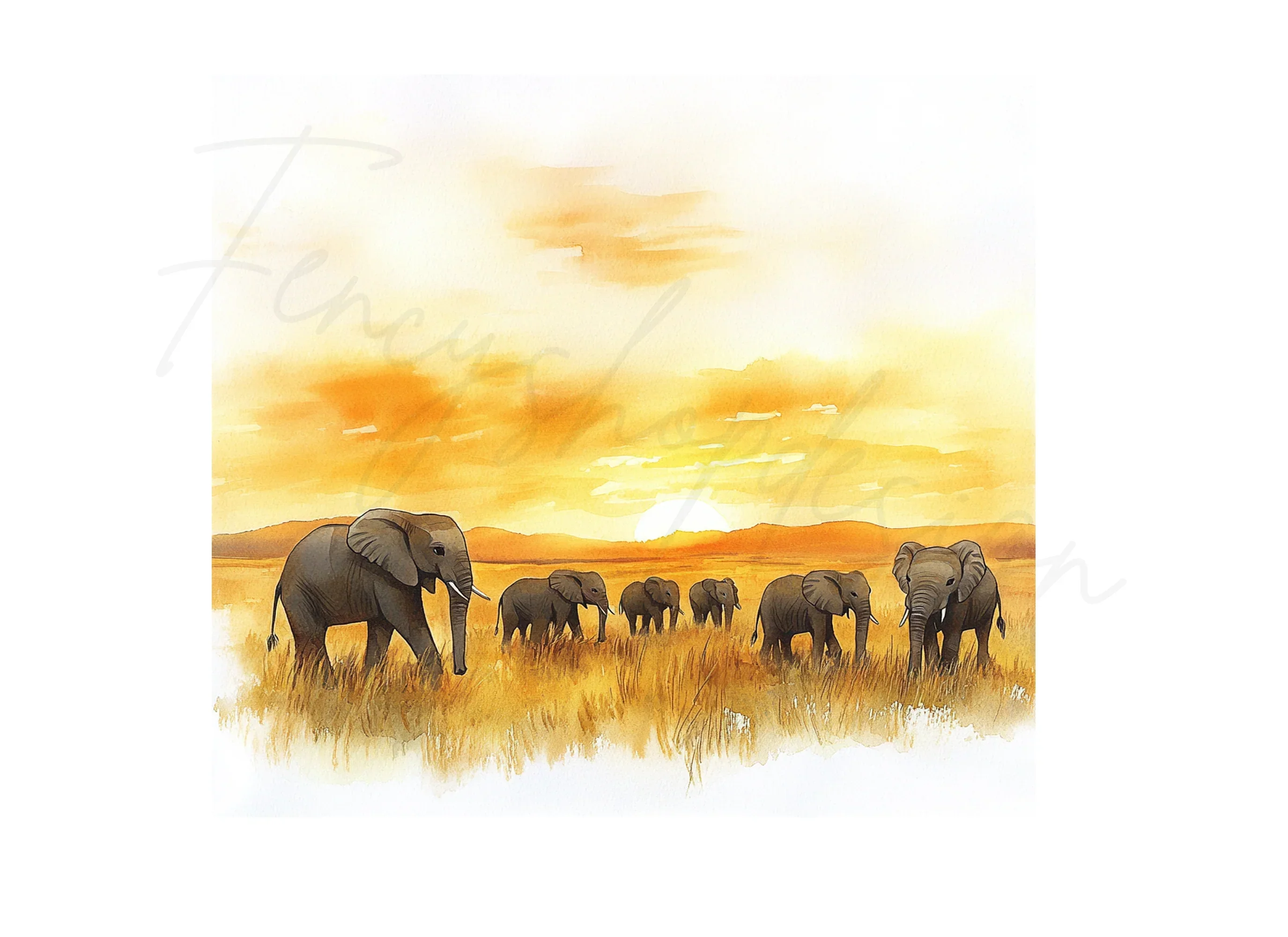 Elephants in Golden Sunset Landscape Clipart Bundle - Image 3