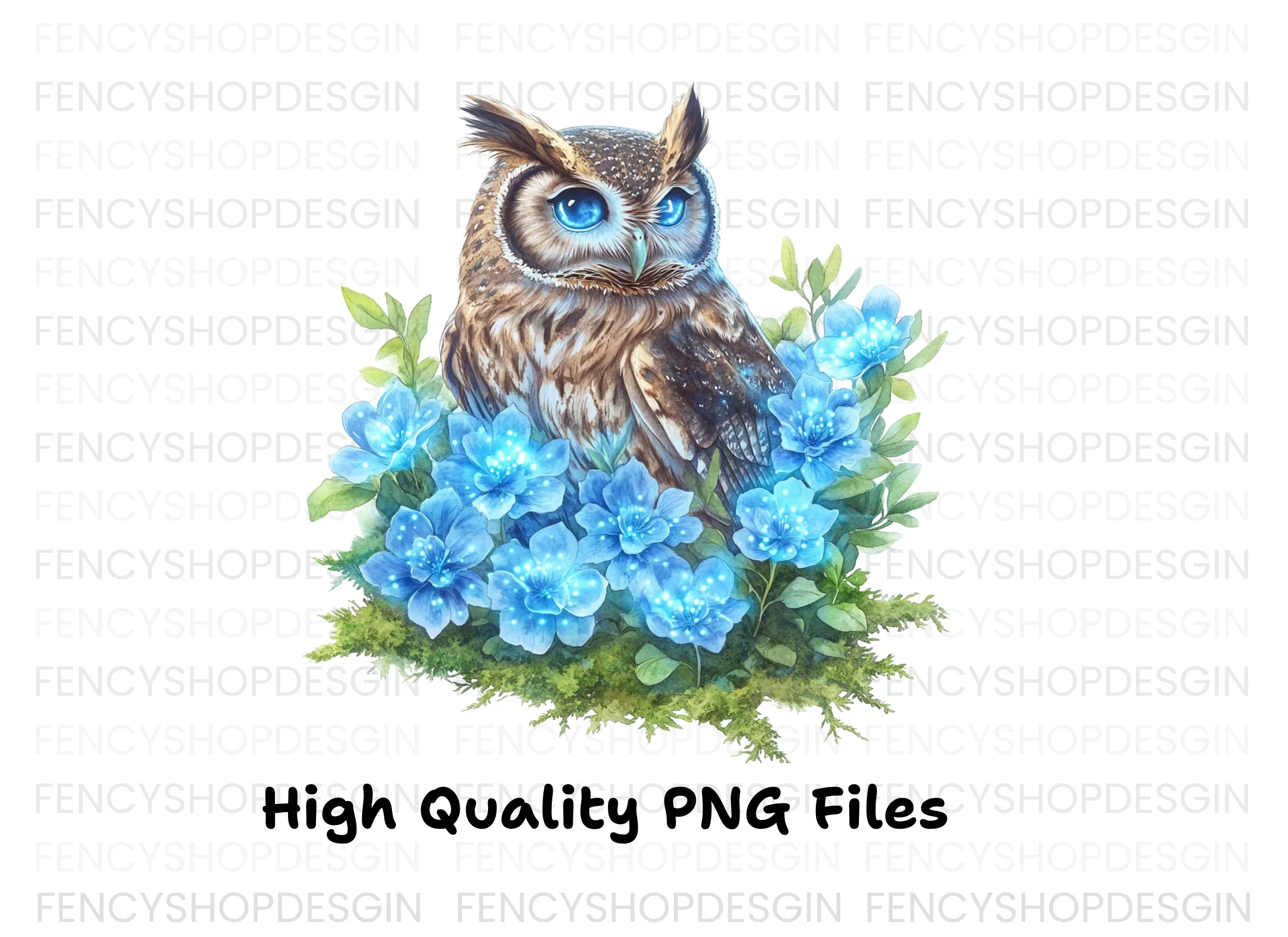 Enchanted Owl with Glowing Blue Flowers Clipart Bundle - Image 2