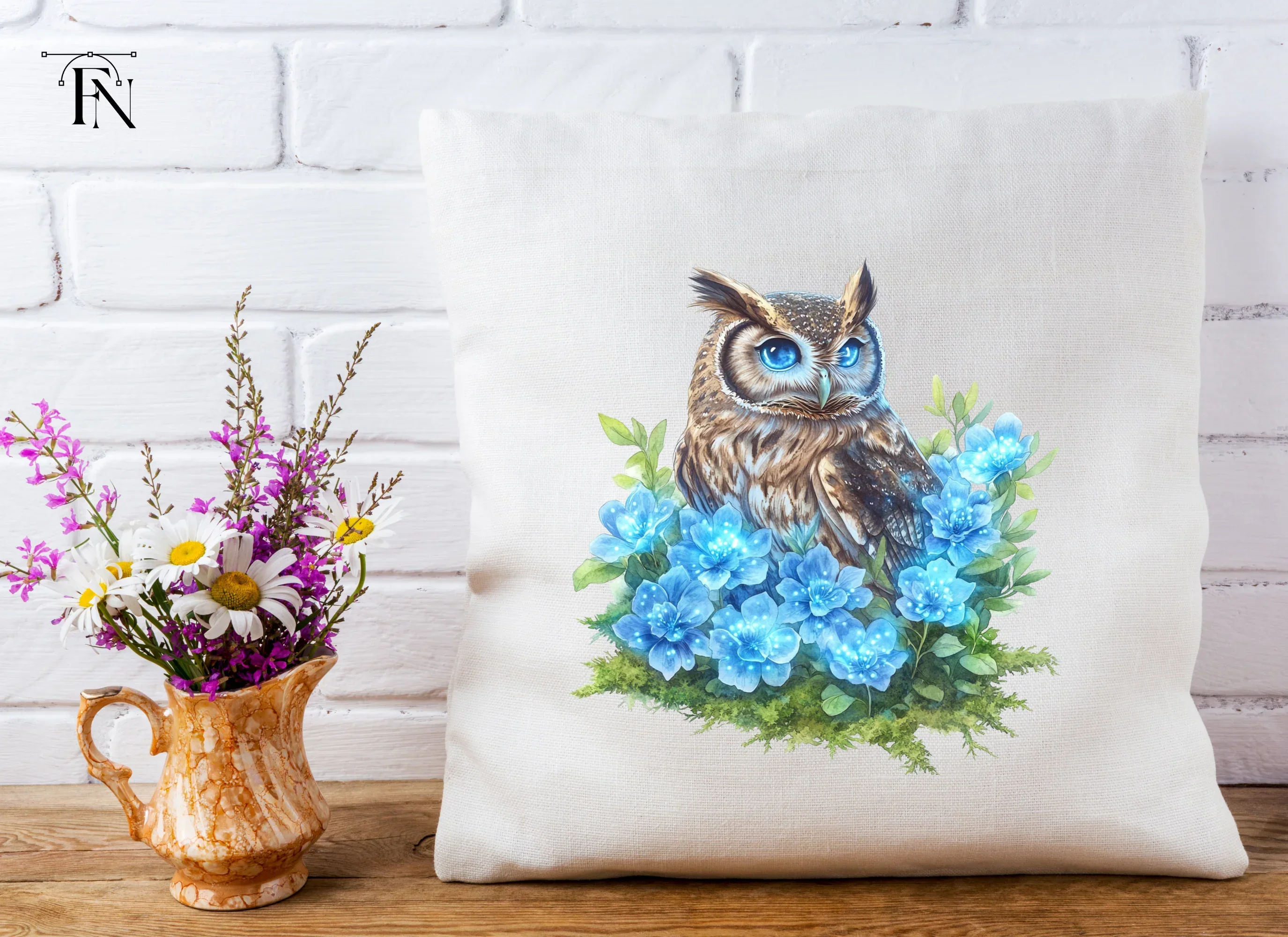 Enchanted Owl with Glowing Blue Flowers Clipart Bundle - Image 3