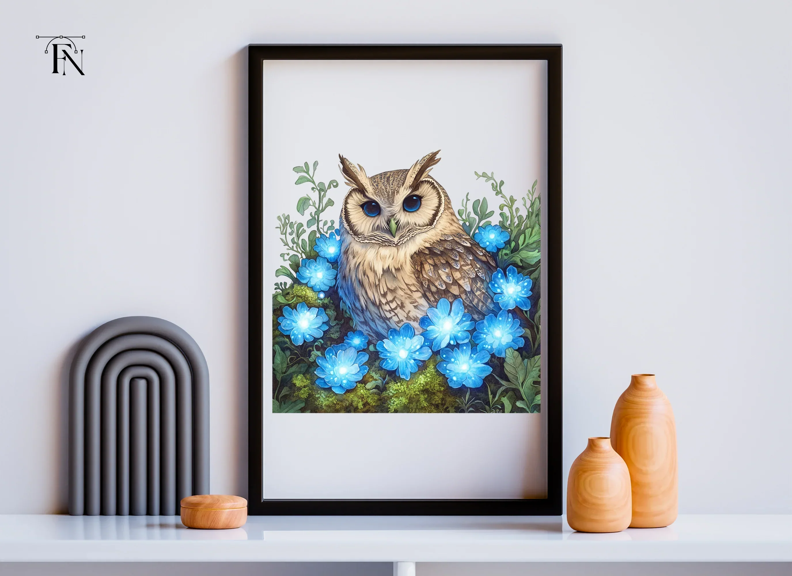 Enchanted Owl with Glowing Blue Flowers Clipart Bundle - Image 4
