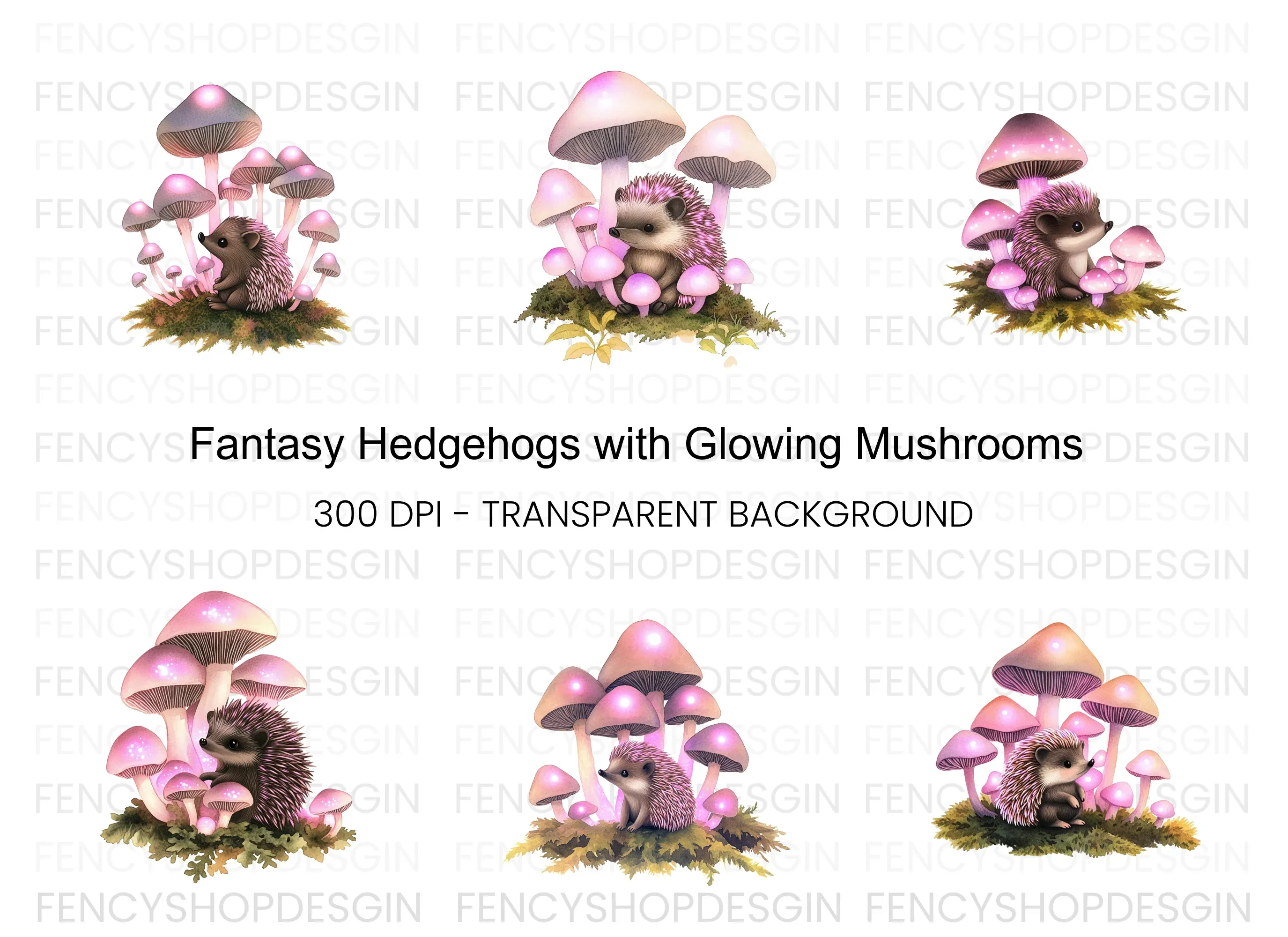 Fantasy Hedgehogs with Pink Mushrooms Clipart Bundle