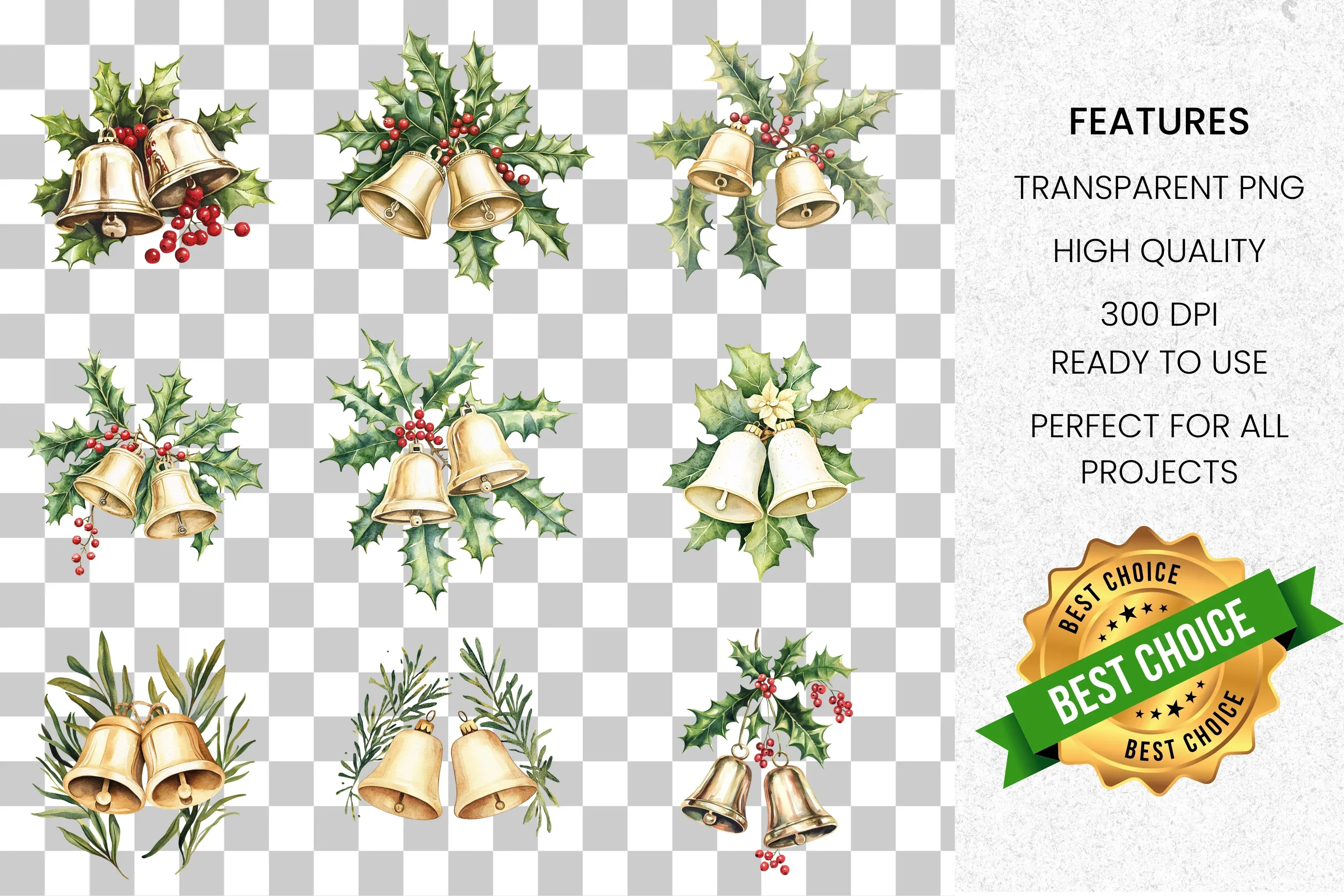 Festive Christmas Bells Holly Clipart Bundle - Image 2