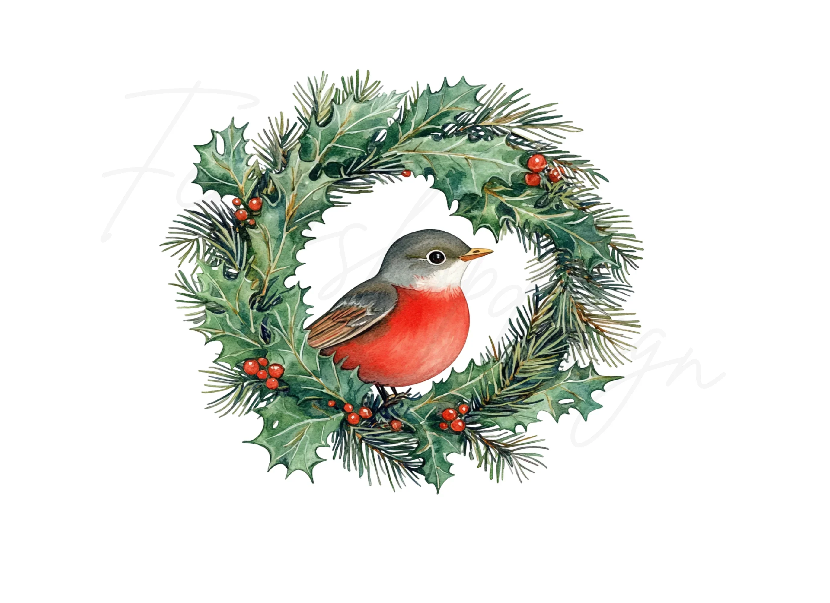 Festive Holly Wreath with Robin Clipart Bundle - Image 3