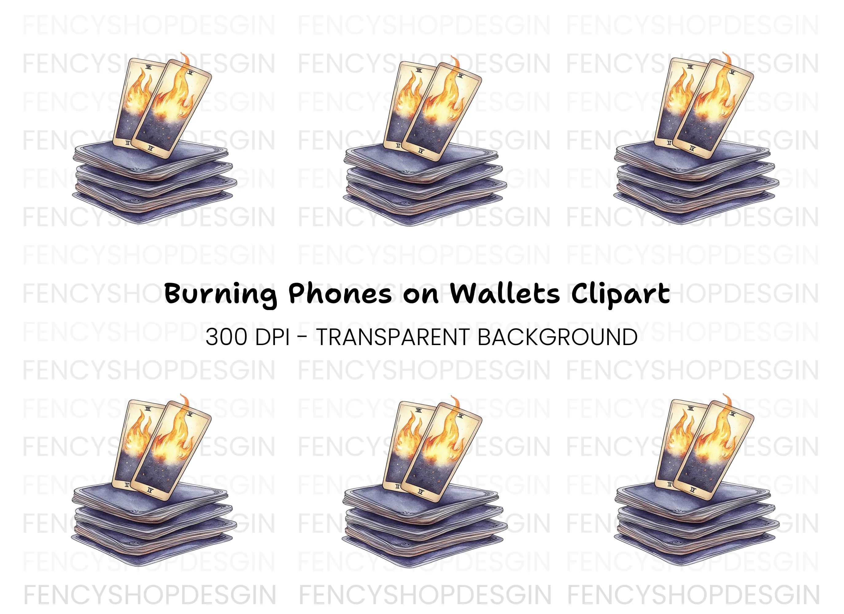 Fiery Tarot Cards Stack Clipart Bundle