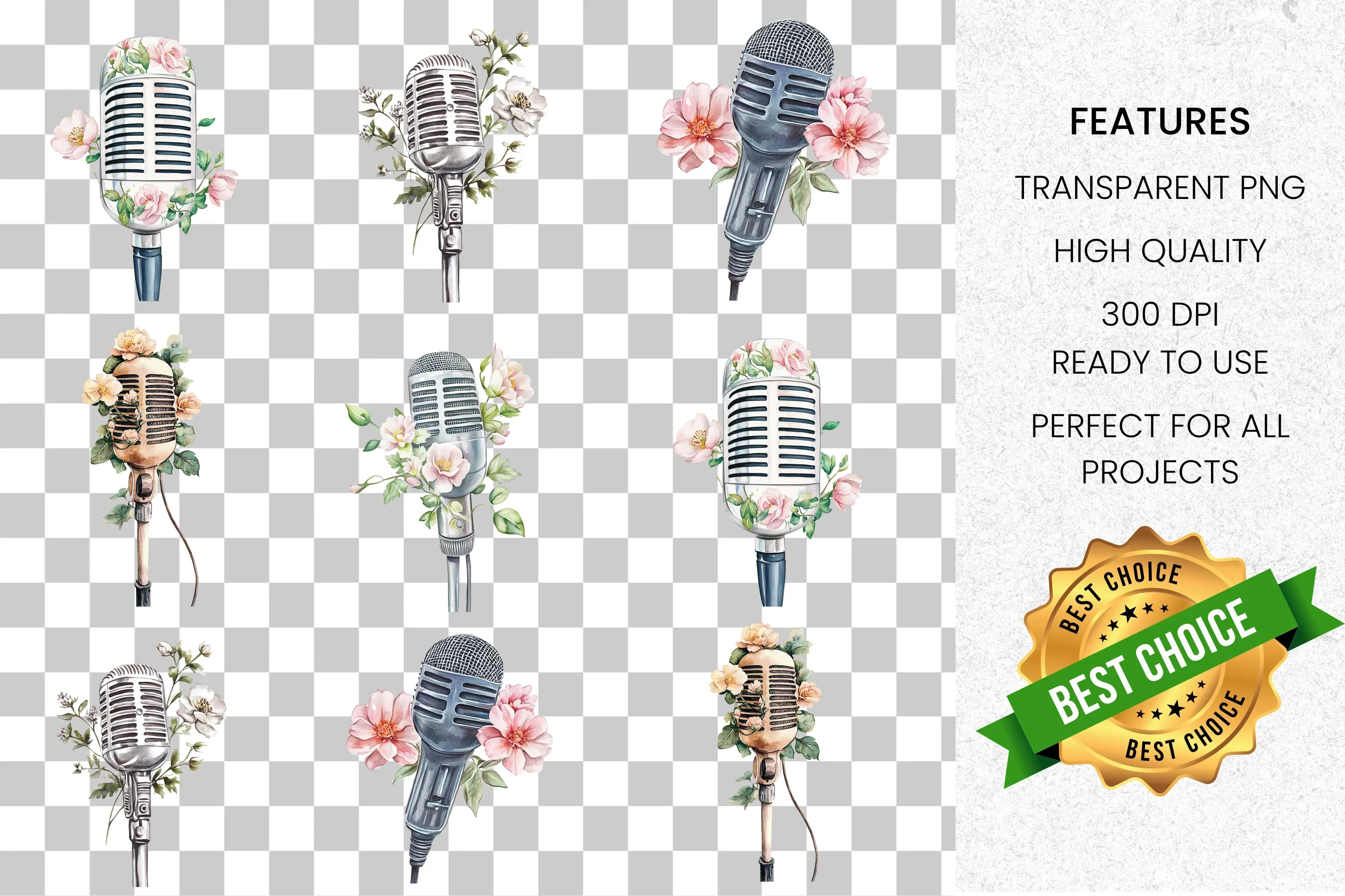 Floral Vintage Microphone Clipart Bundle - Image 2