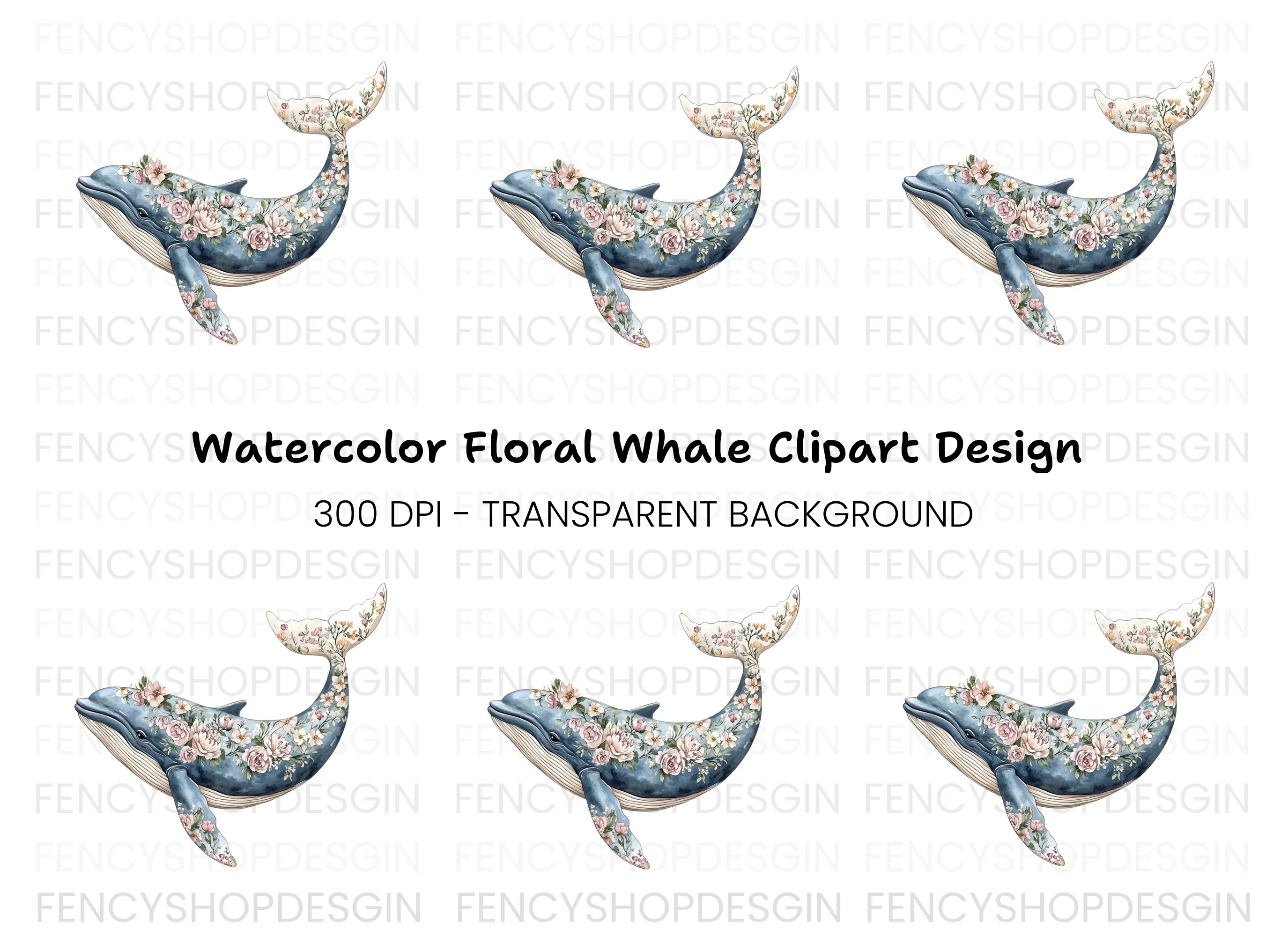 Floral Whale Clipart Bundle