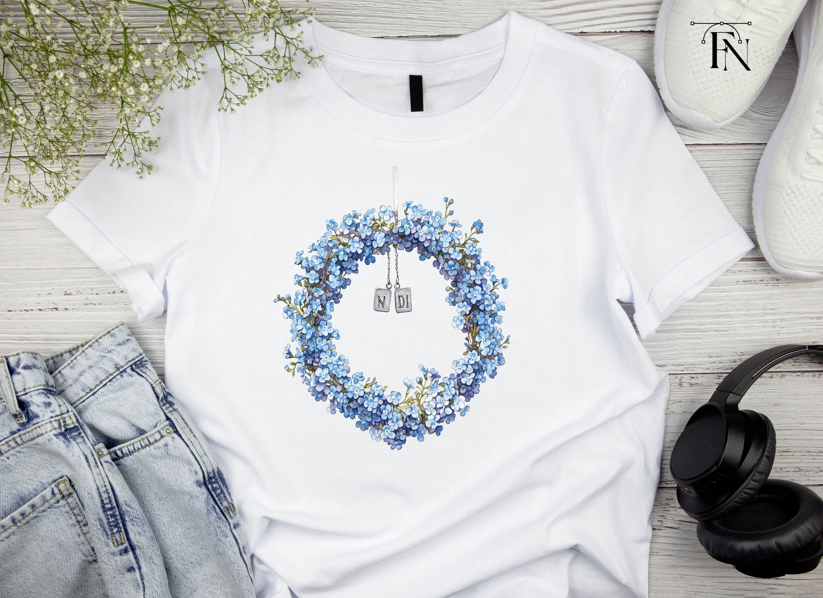 Forget Me Not Wreaths with Initials Clipart Bundle - Image 4