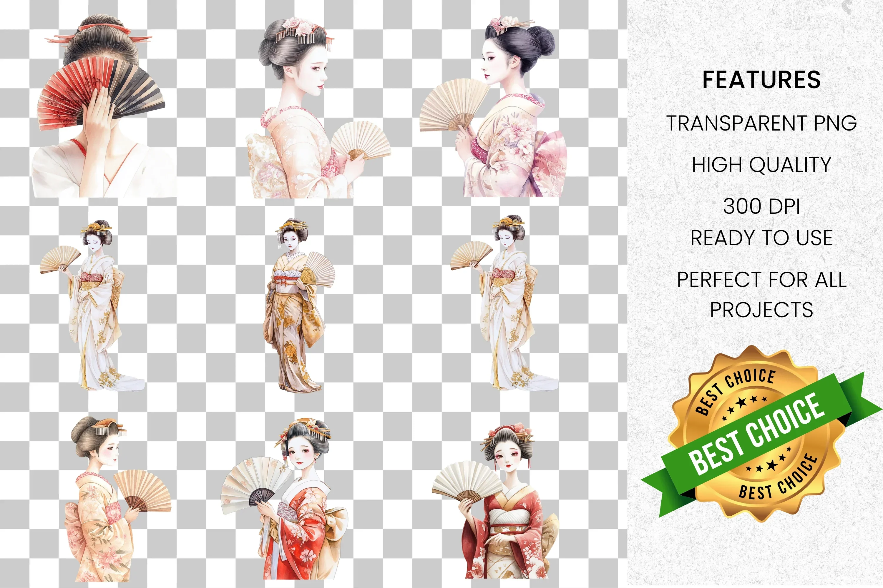 Geisha Ladies with Fans Clipart Bundle - Image 2