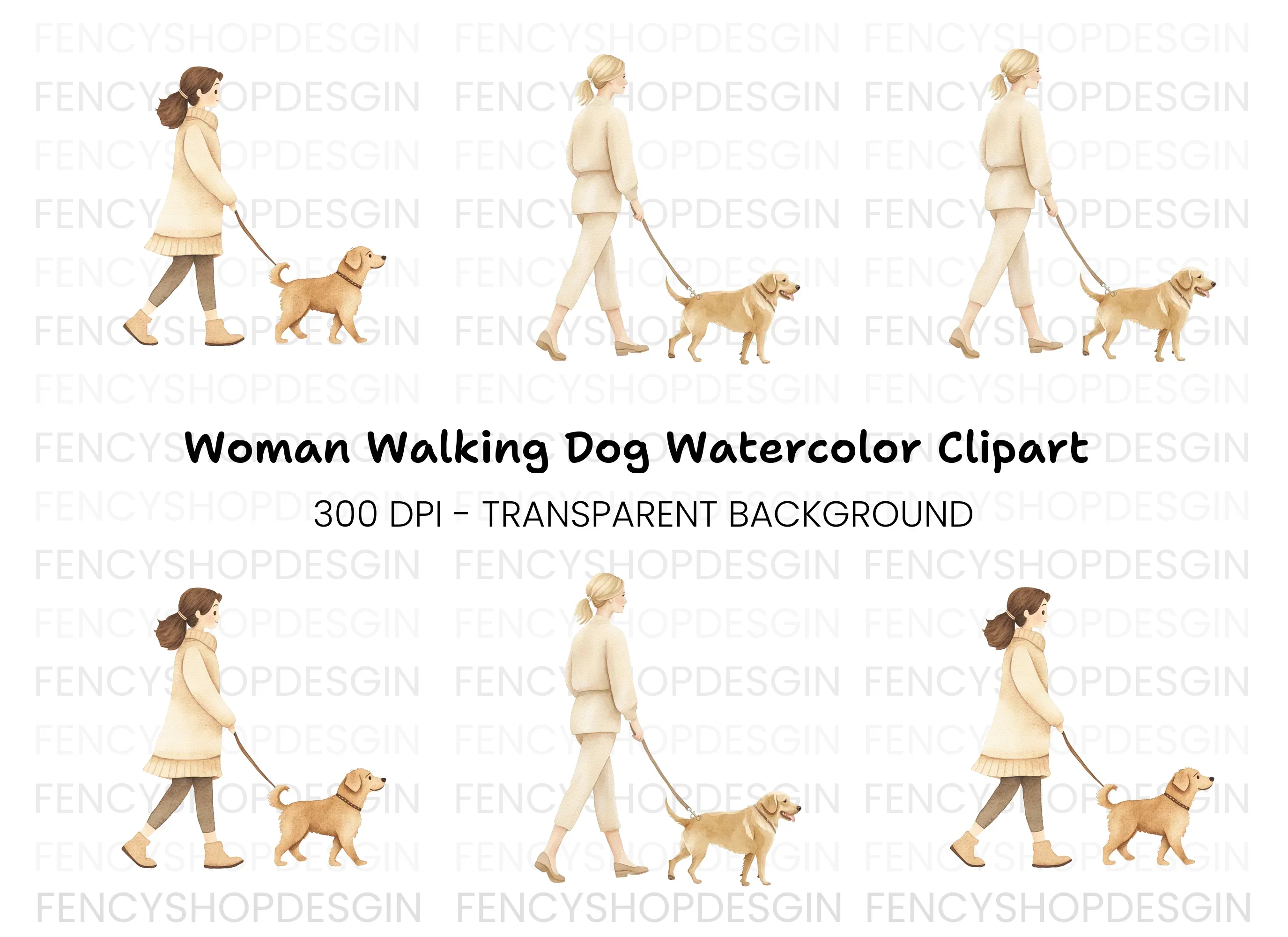 Girls Walking Dogs Clipart Bundle