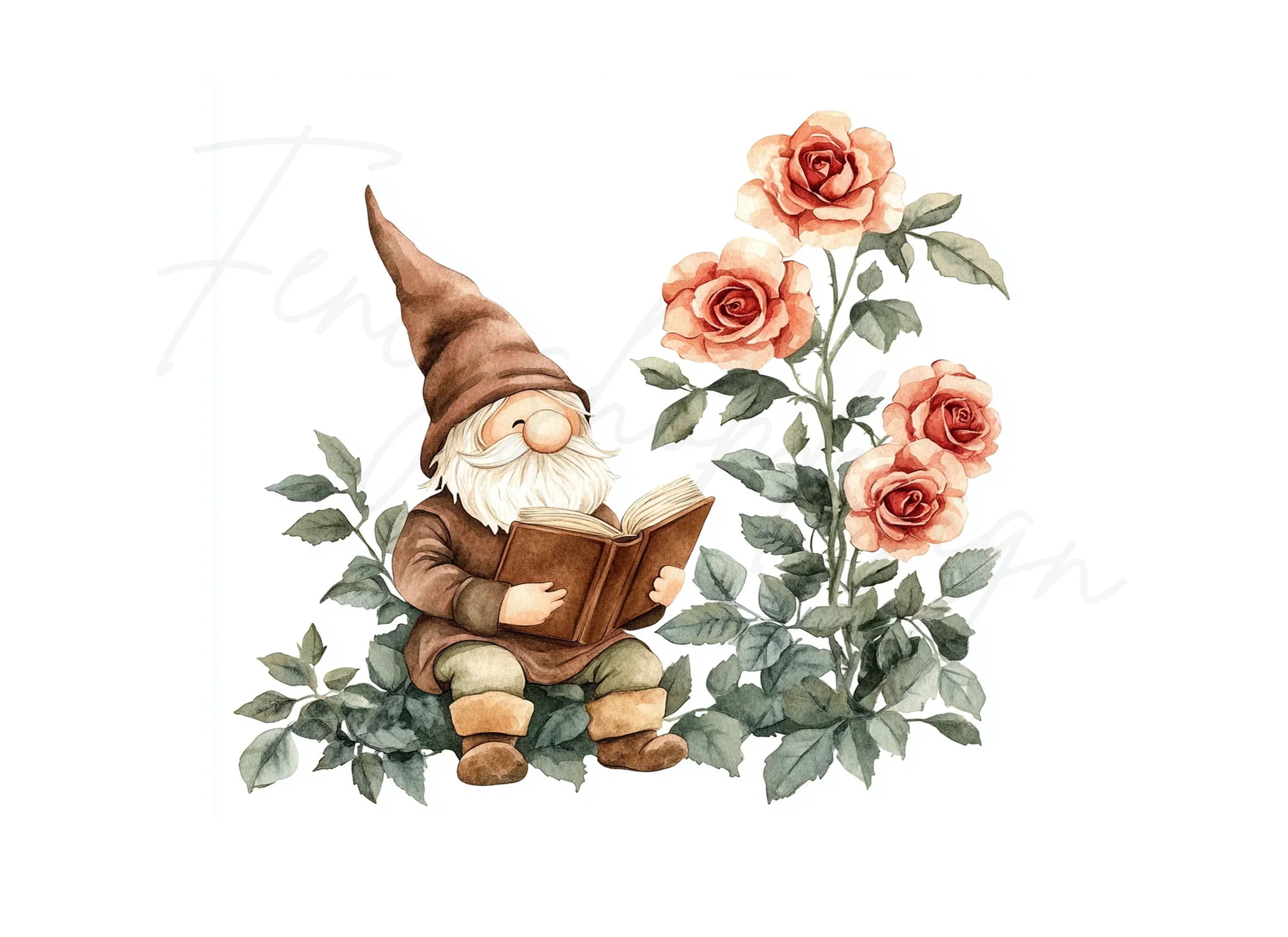 Gnome Reading Book with Rose Clipart Bundle - Image 3