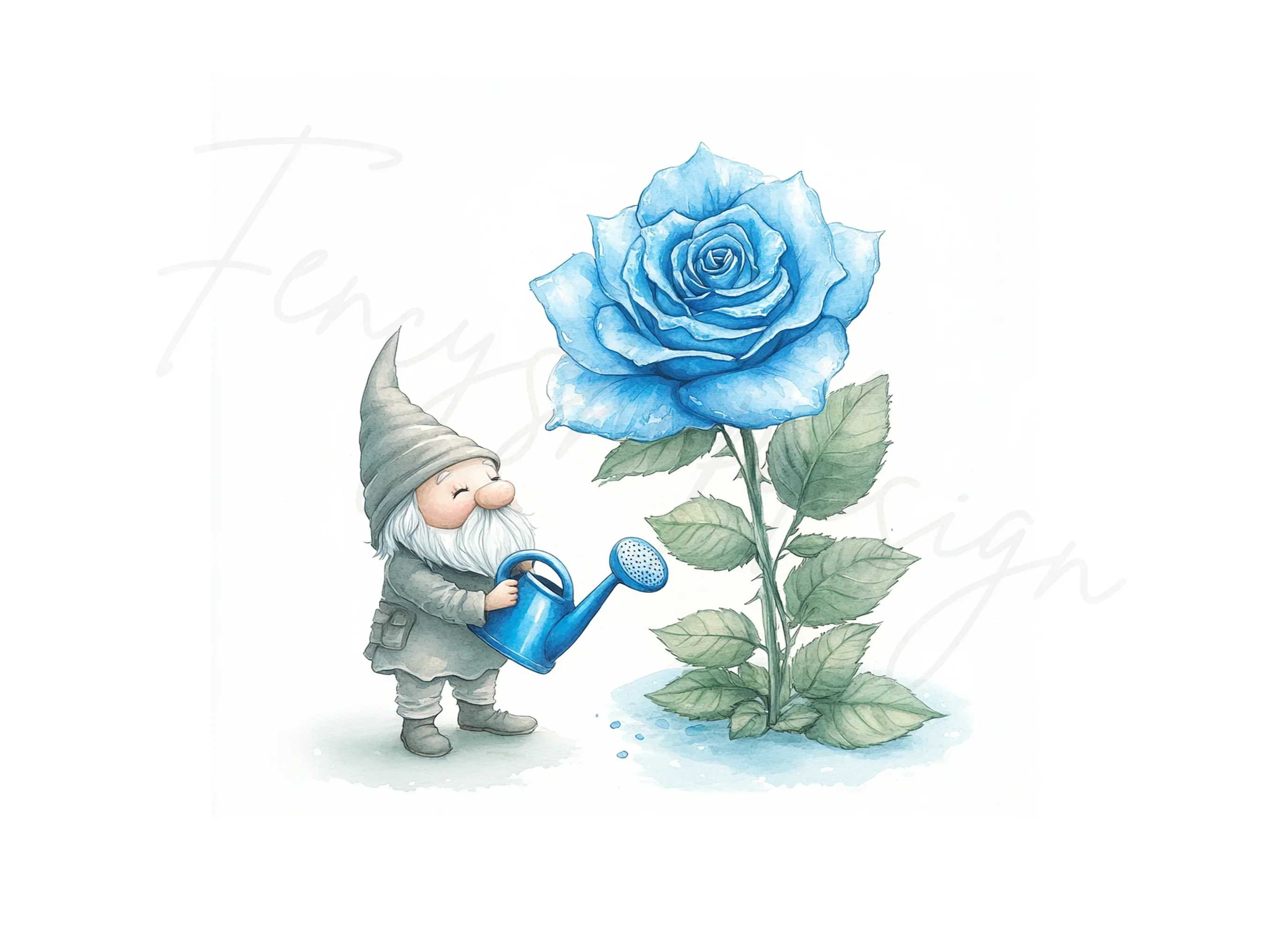Gnome Watering Blue Rose Clipart Bundle - Image 3