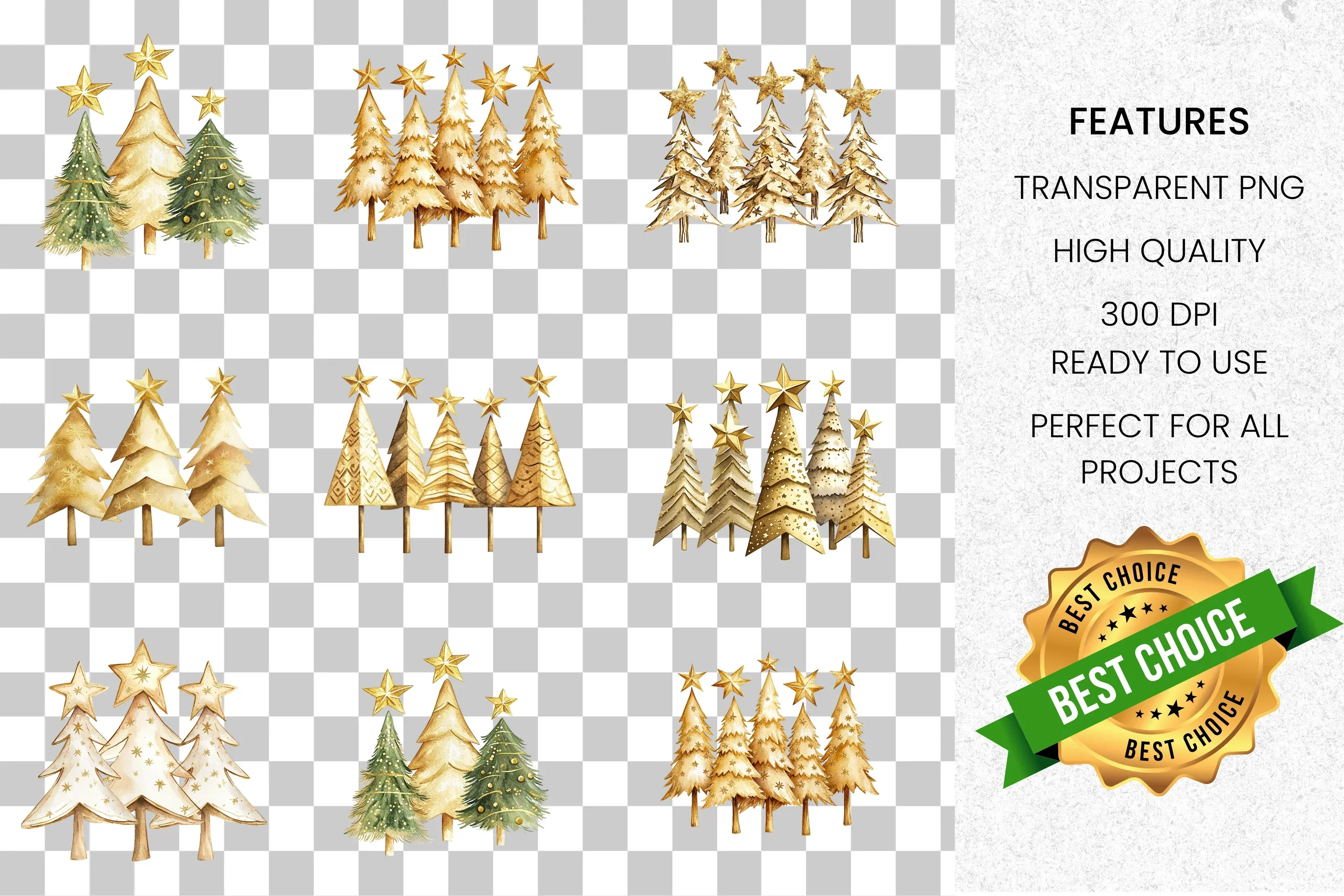 Golden Christmas Tree Clipart Bundle - Image 2