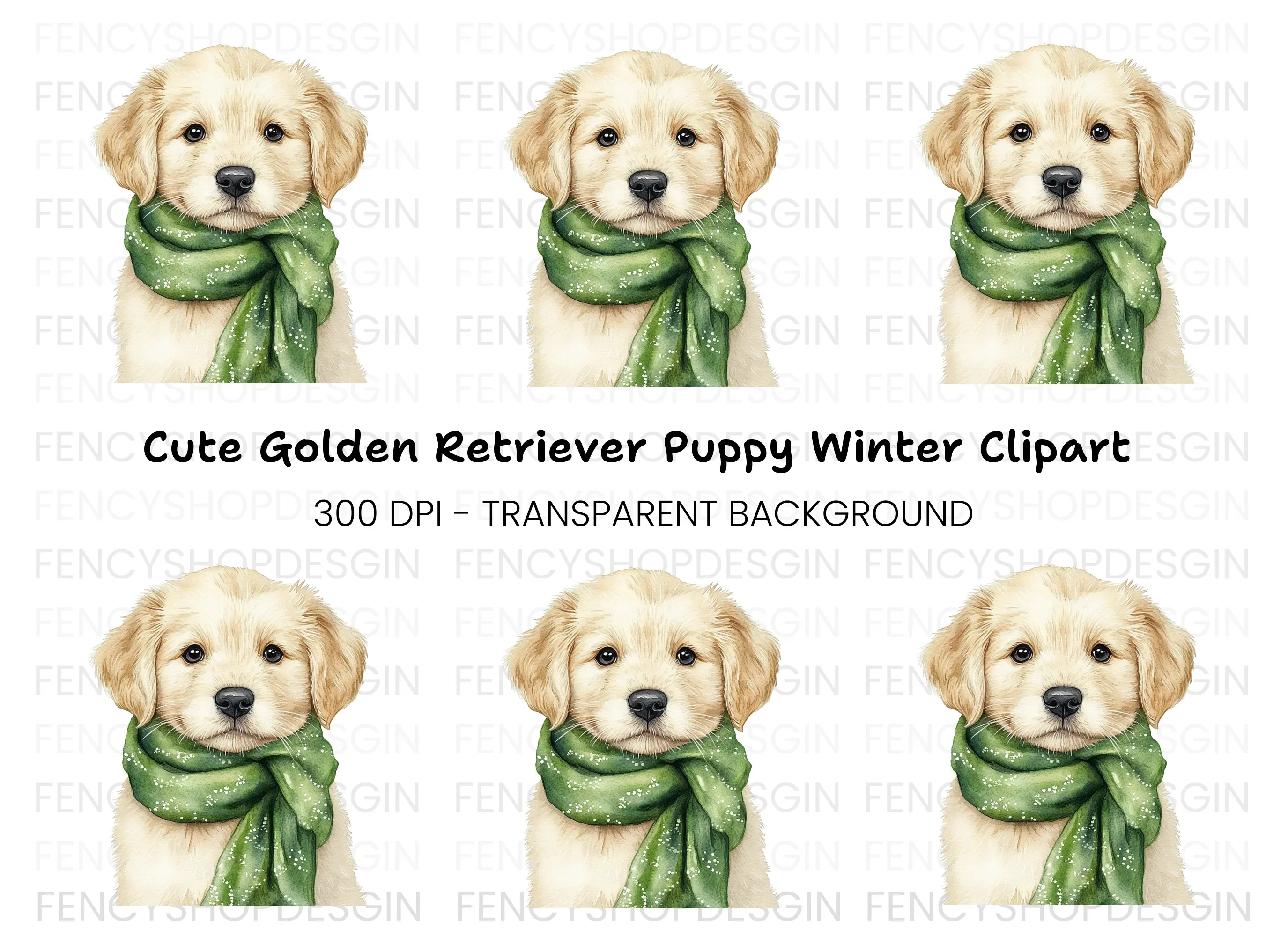 Golden Retriever Puppy with Green Scarf Clipart Bundle