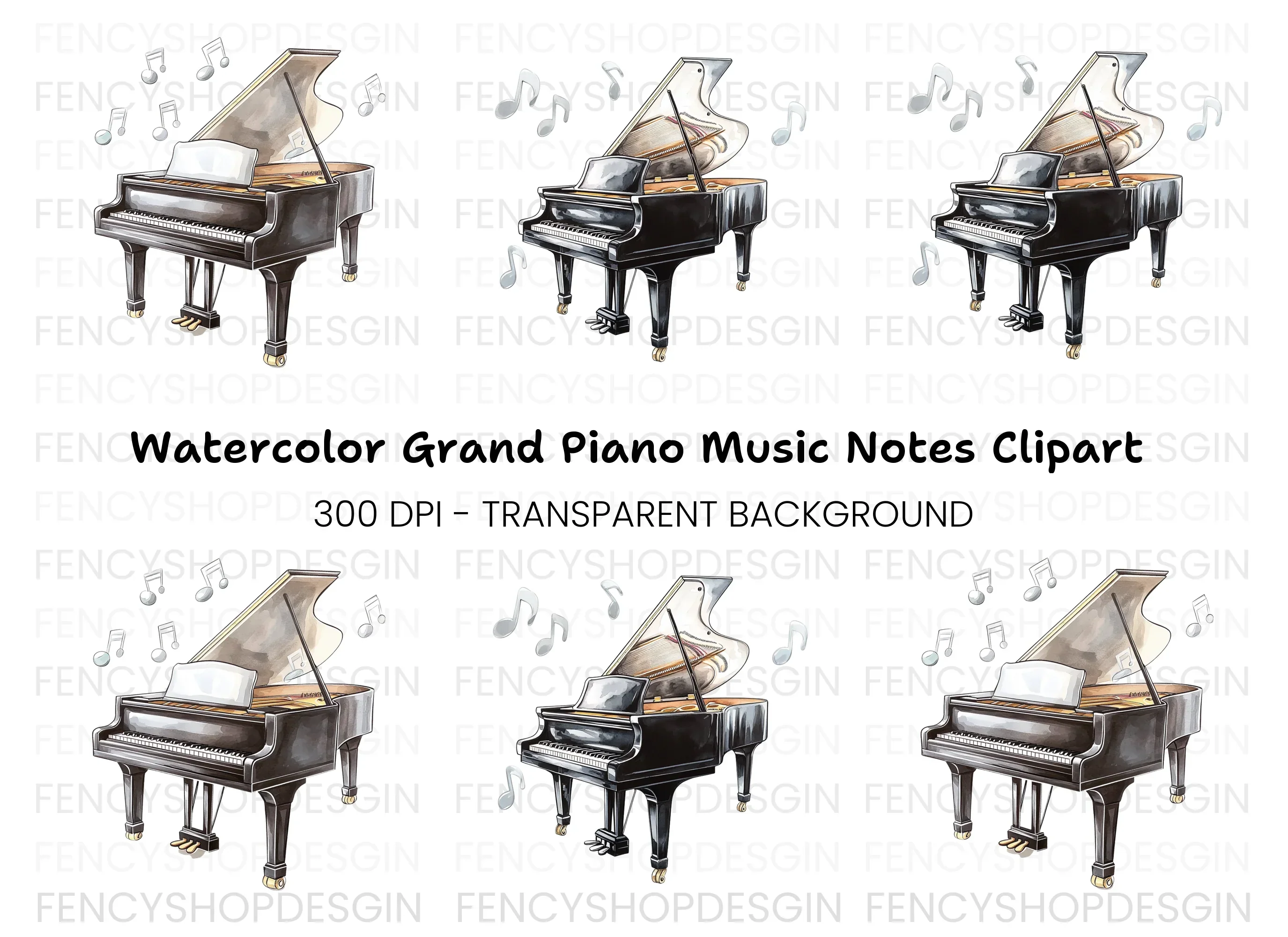 Grand Pianos with Music Notes Clipart Bundle