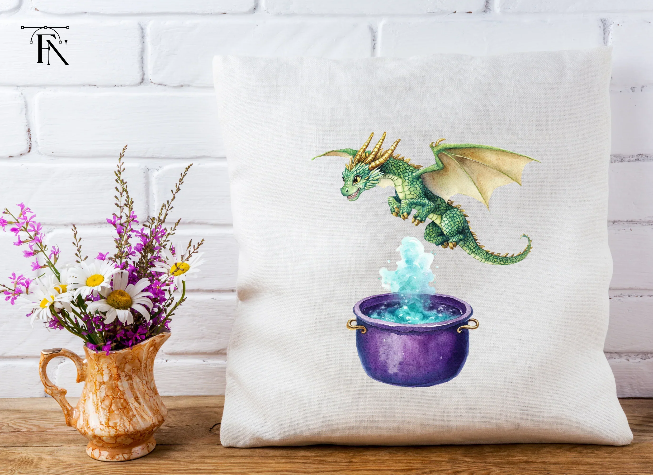 Green Dragon Flying Over Cauldron Clipart Bundle - Image 5