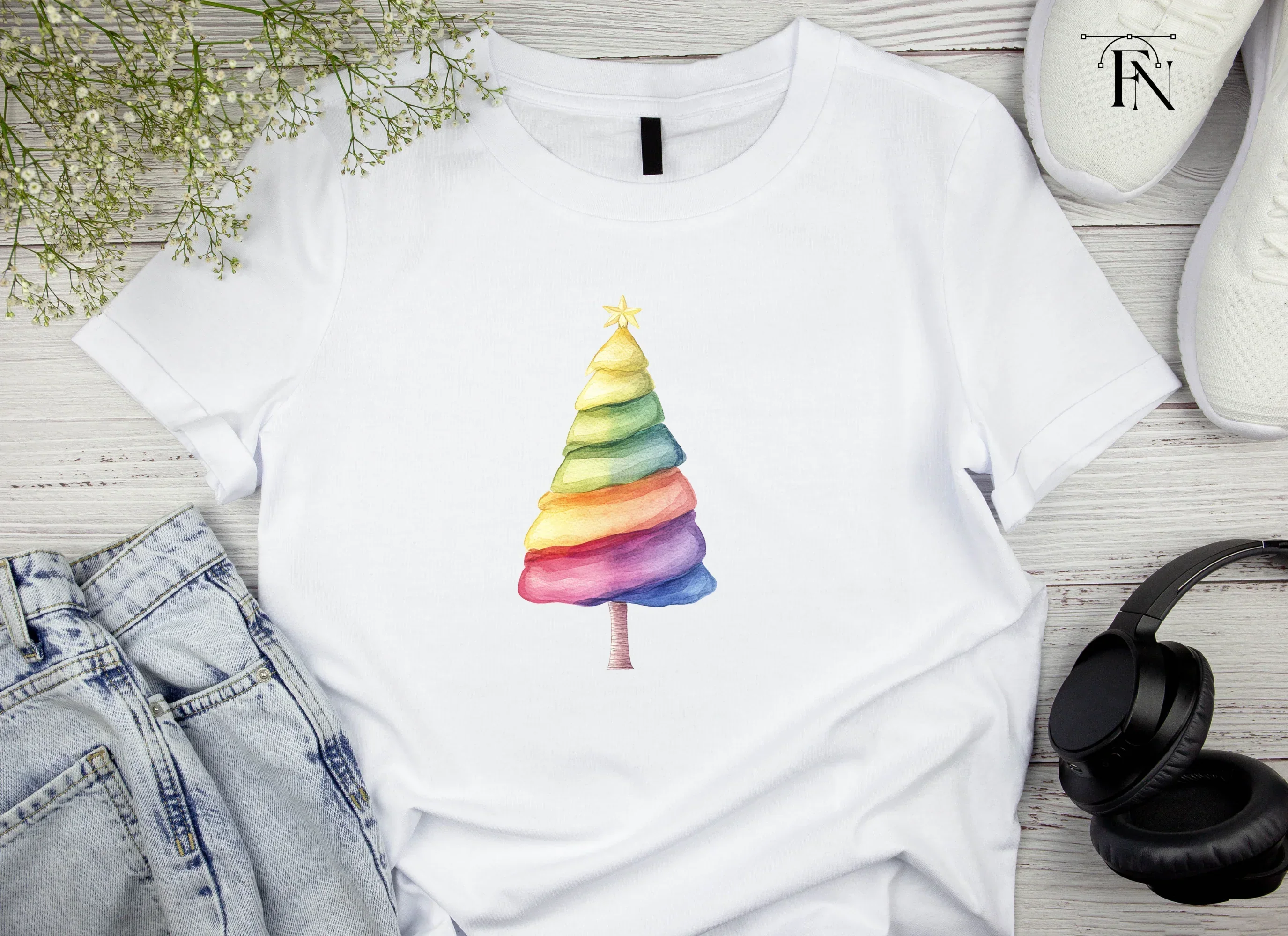 Hand Painted Rainbow Christmas Tree Clipart Bundle - Image 2