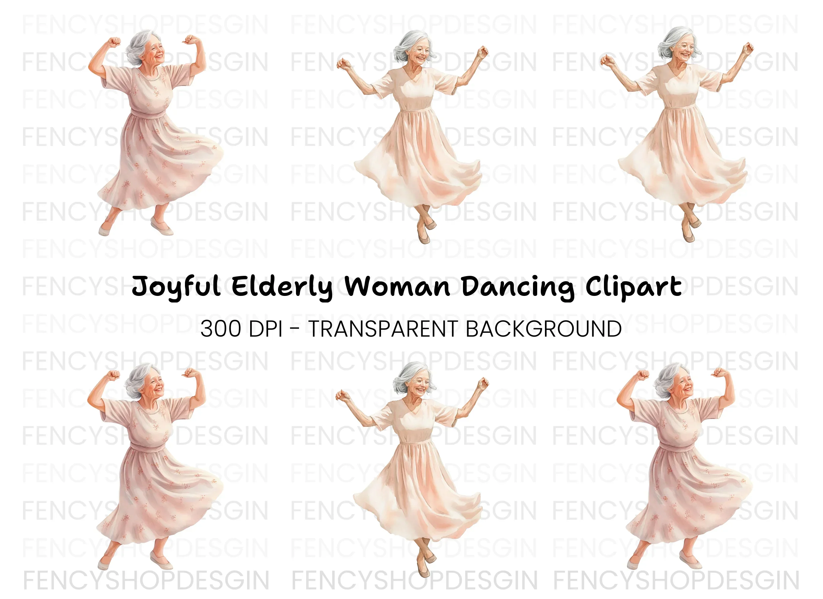 Happy Elderly Woman Dancing Clipart Bundle