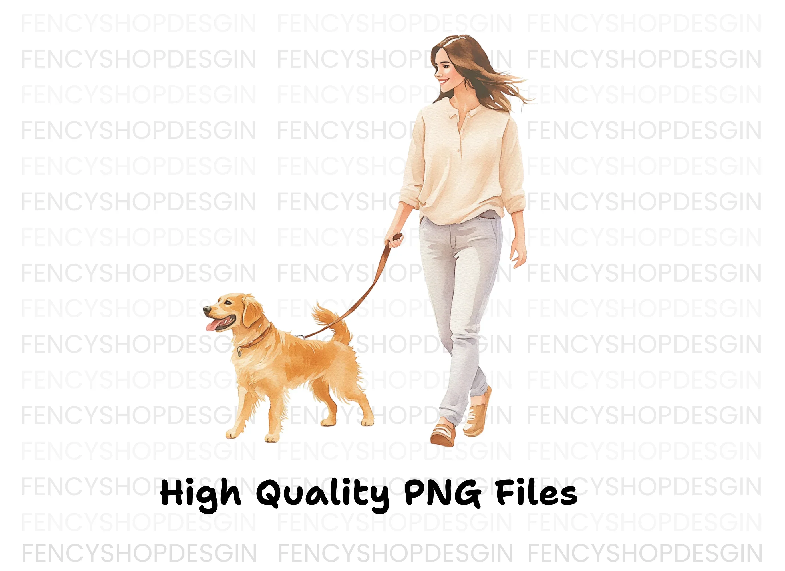 Happy Woman Walking Golden Retriever Clipart Bundle - Image 2