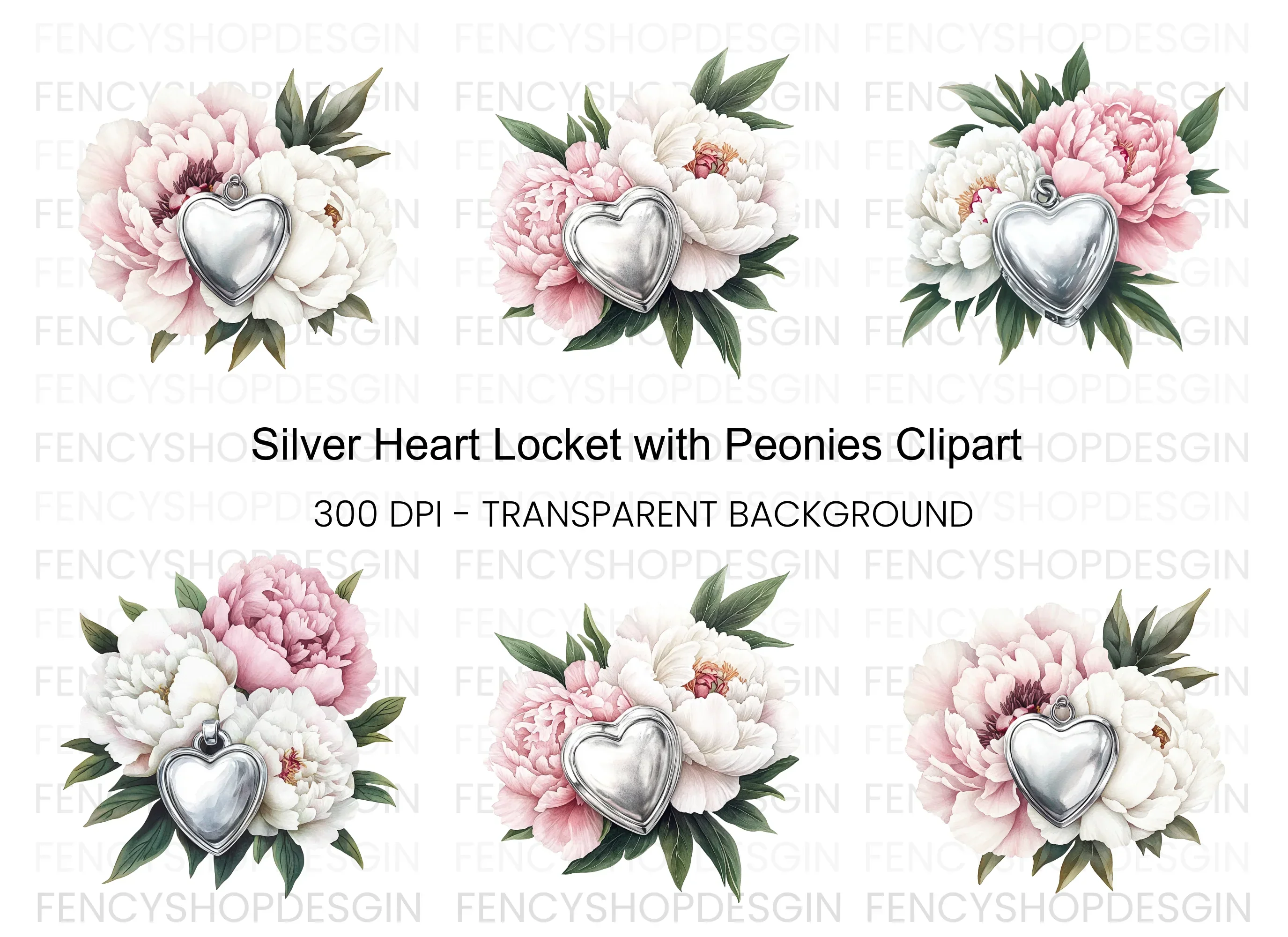 Heart Locket Peony Clipart Bundle
