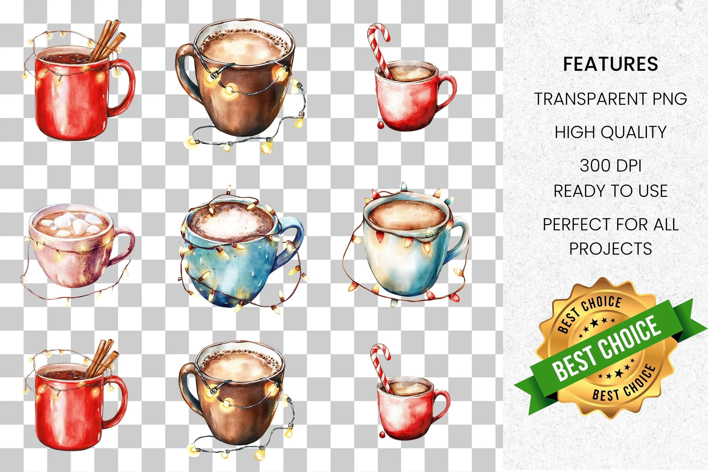 Hot Chocolate Mugs with Lights Clipart Bundle - Image 2