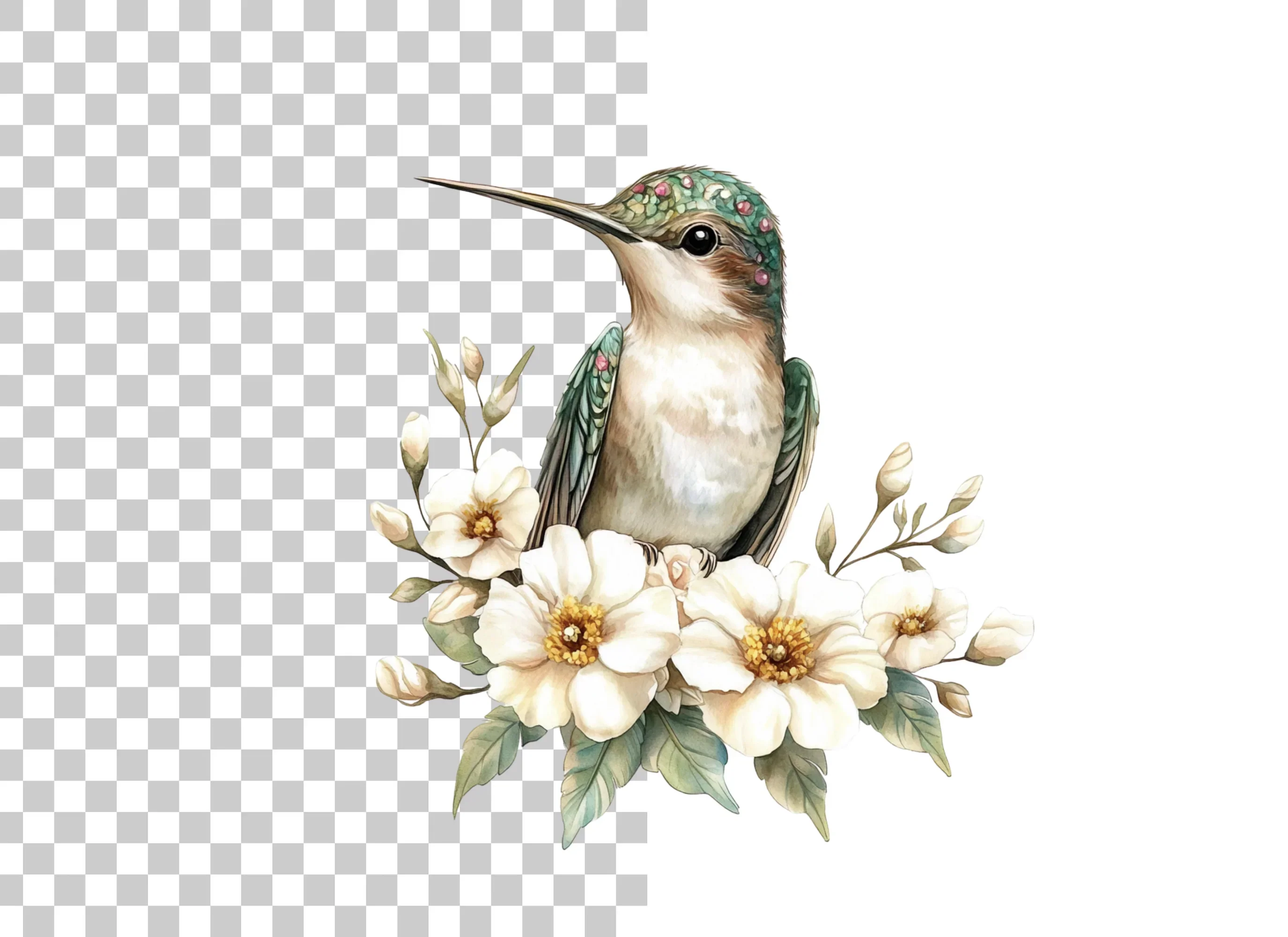 Hummingbird with White Flowers Clipart Bundle - Image 2