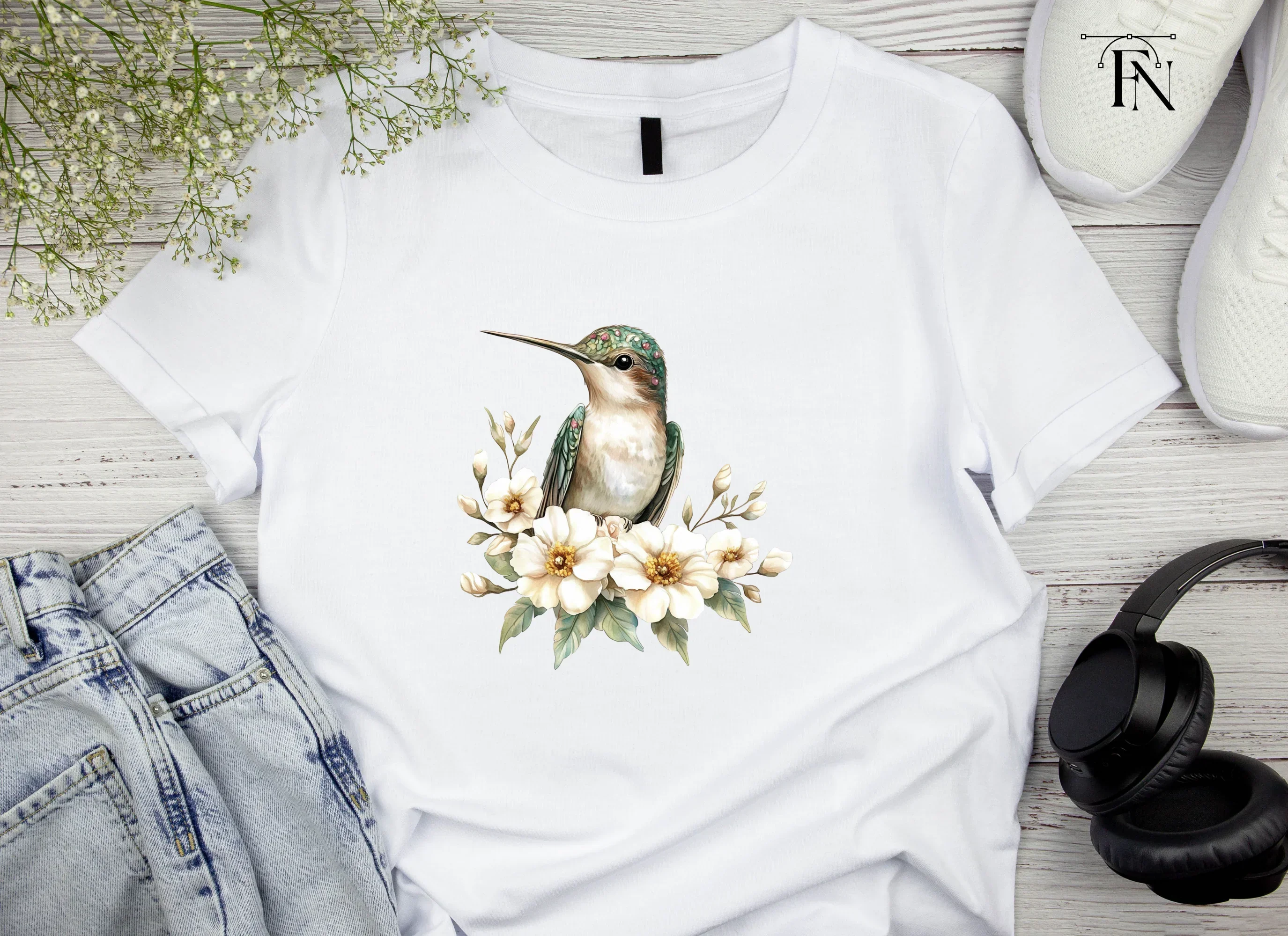 Hummingbird with White Flowers Clipart Bundle - Image 4
