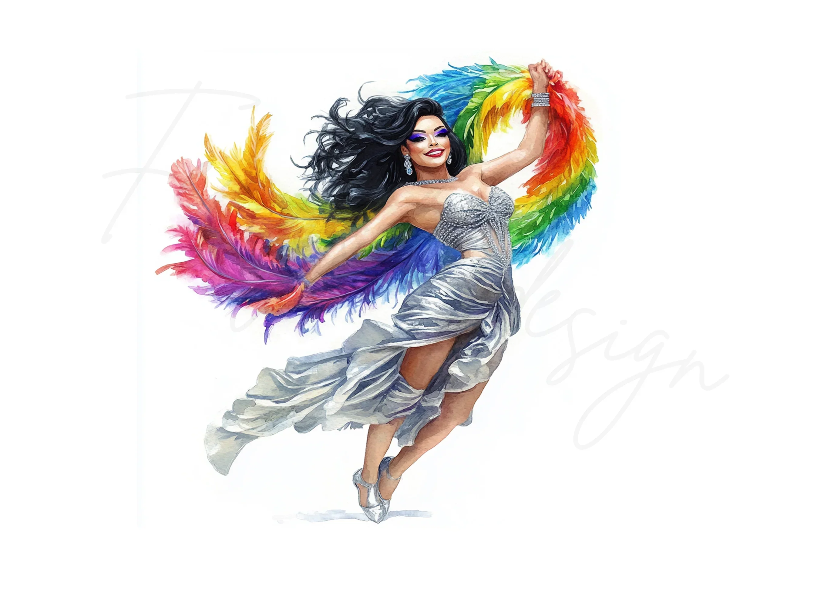 Joyful Woman with Rainbow Feather Boa Clipart Bundle - Image 3