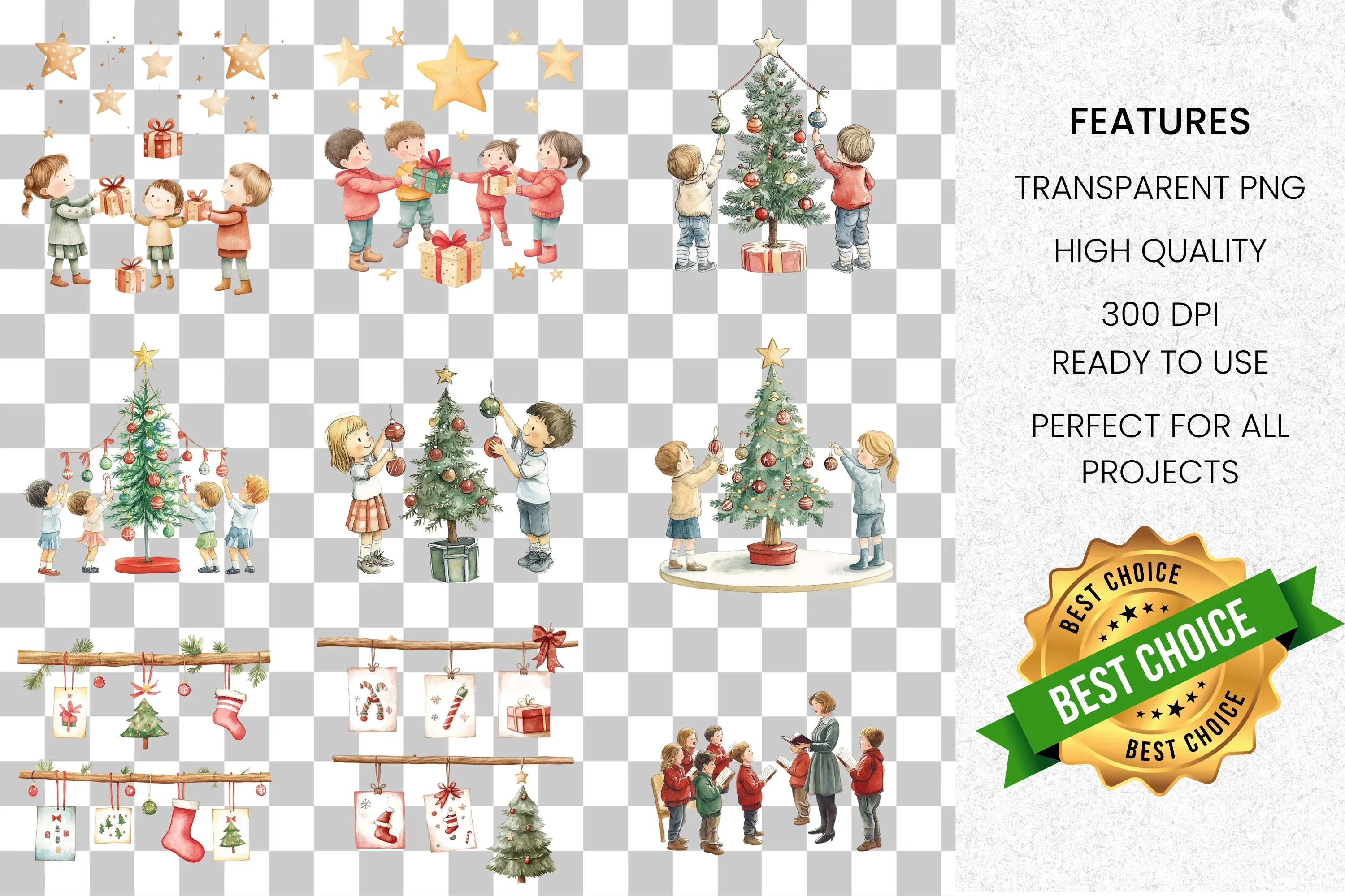 Kids Decorating Christmas Tree Clipart Bundle - Image 8
