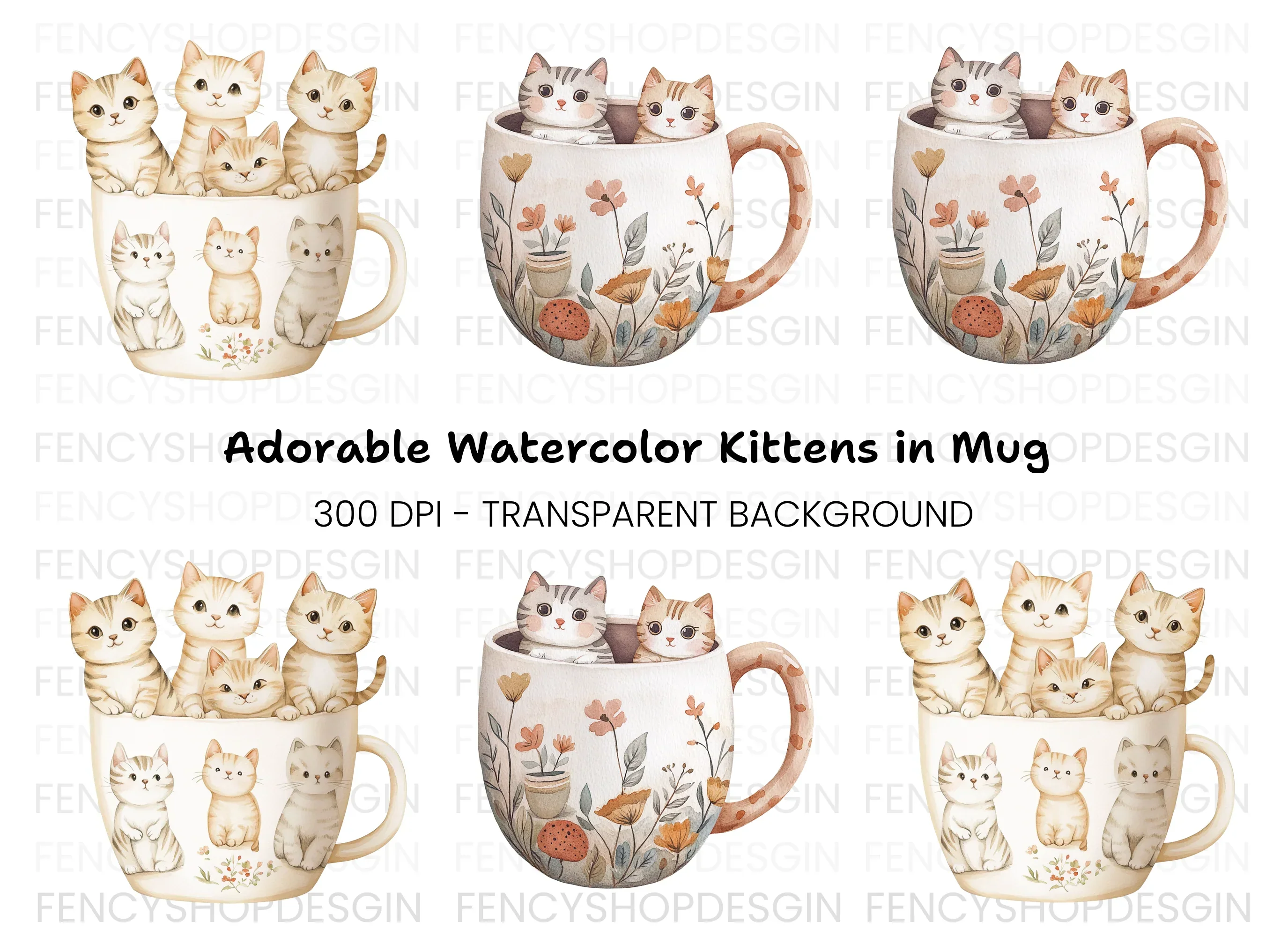 Kittens in Mugs Clipart Bundle