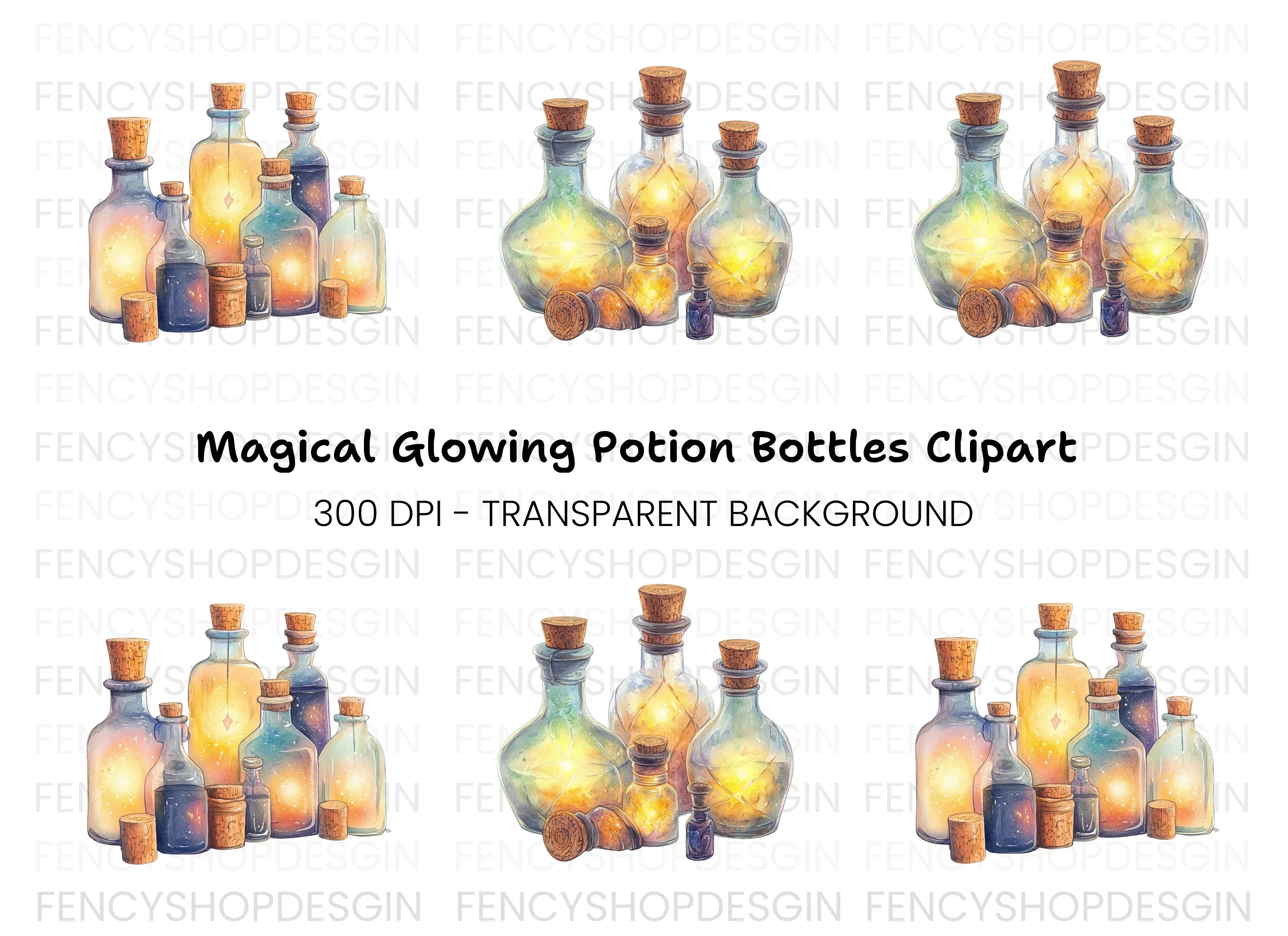 Magical Glowing Potion Bottles Clipart Bundle