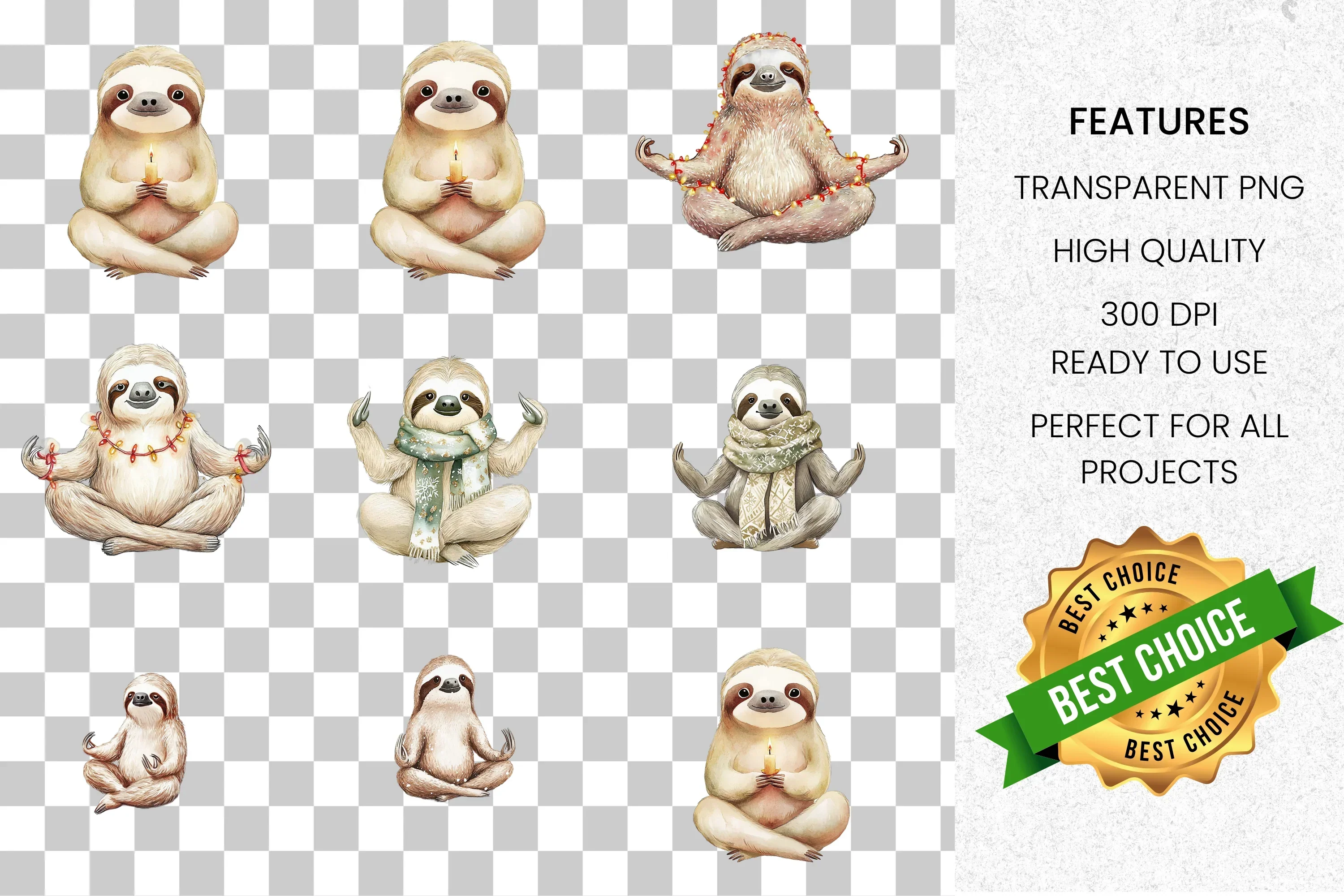Meditating Christmas Sloths Clipart Bundle - Image 2