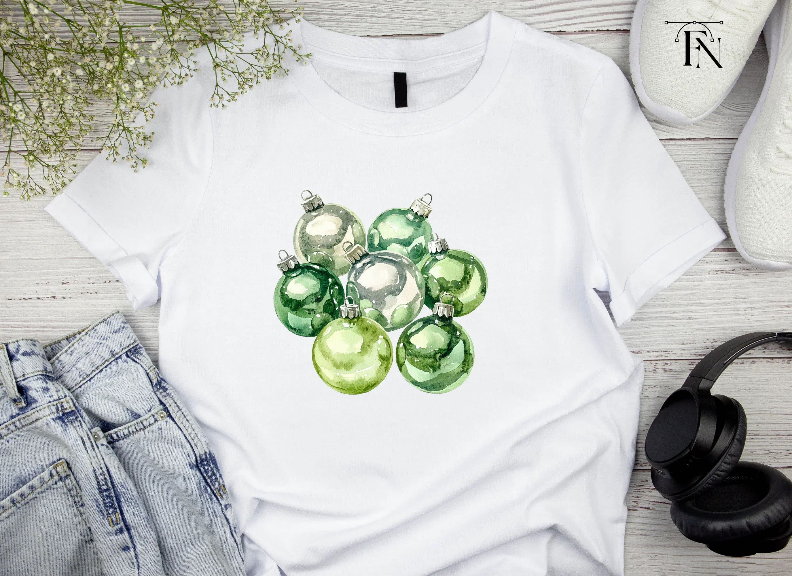 Pastel Green Silver Christmas Ornaments Clipart Bundle - Image 4
