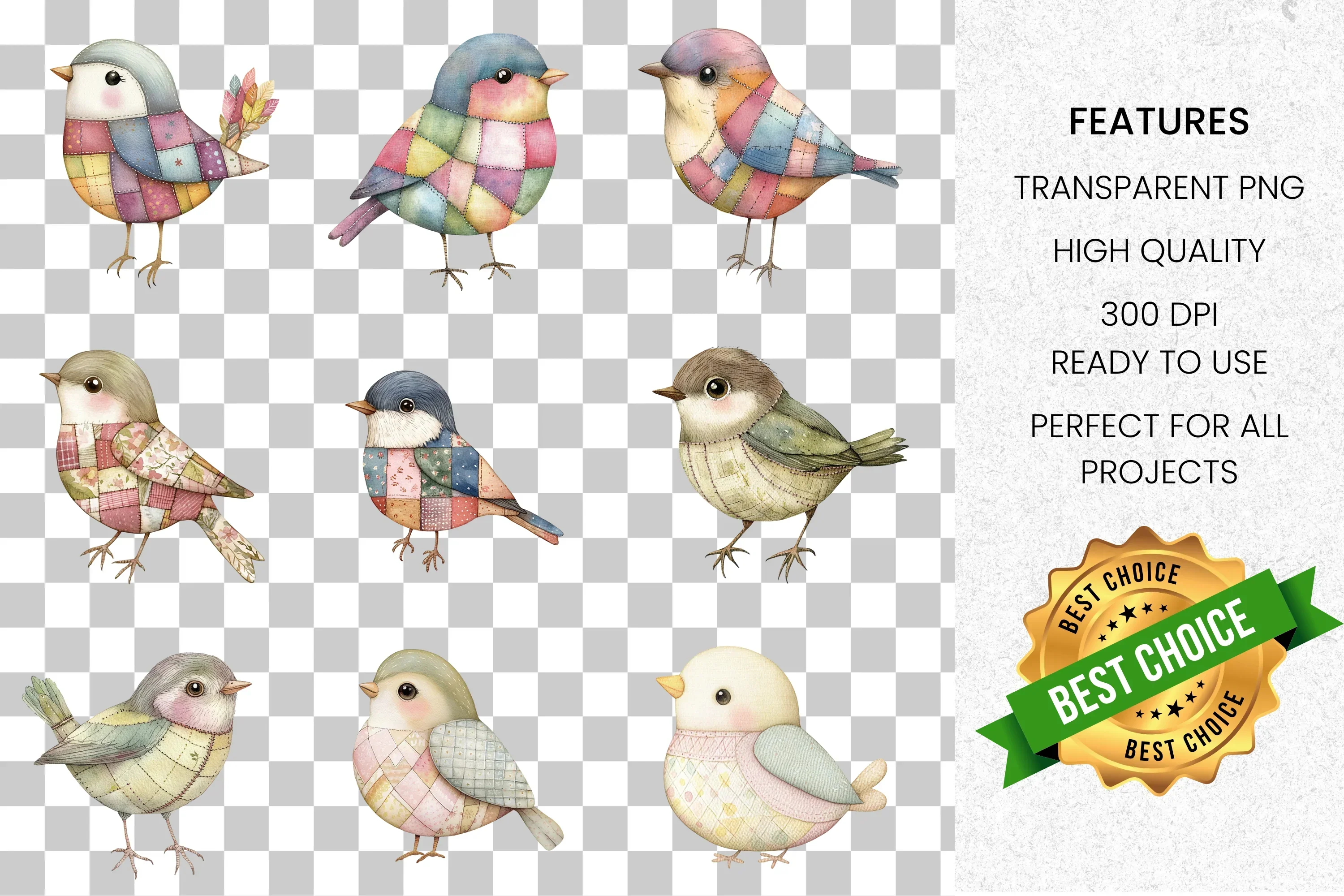 Patchwork Birds Clipart Bundle - Image 2