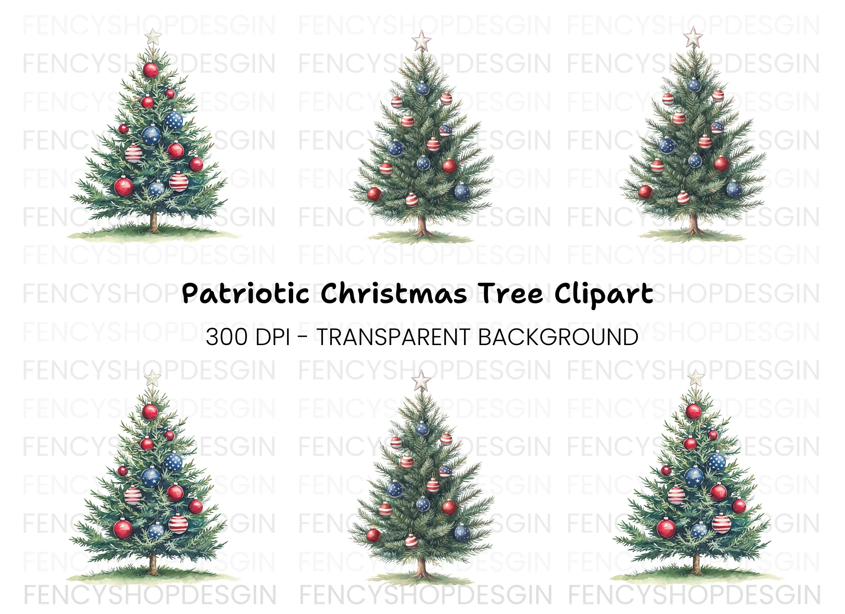 Patriotic Christmas Tree Clipart Bundle