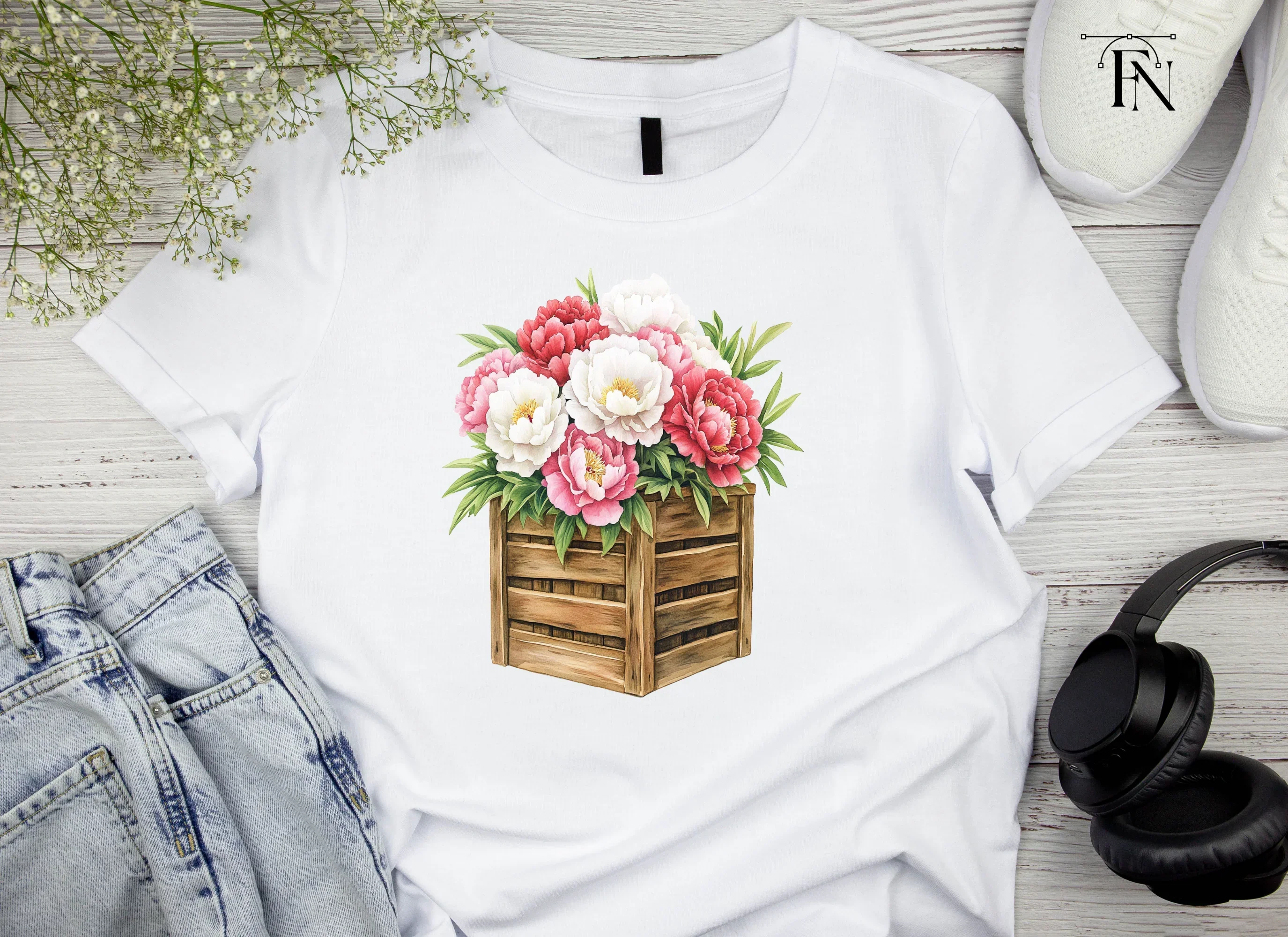Peony Bouquets in Rustic Wooden Crates Clipart Bundle - Image 4