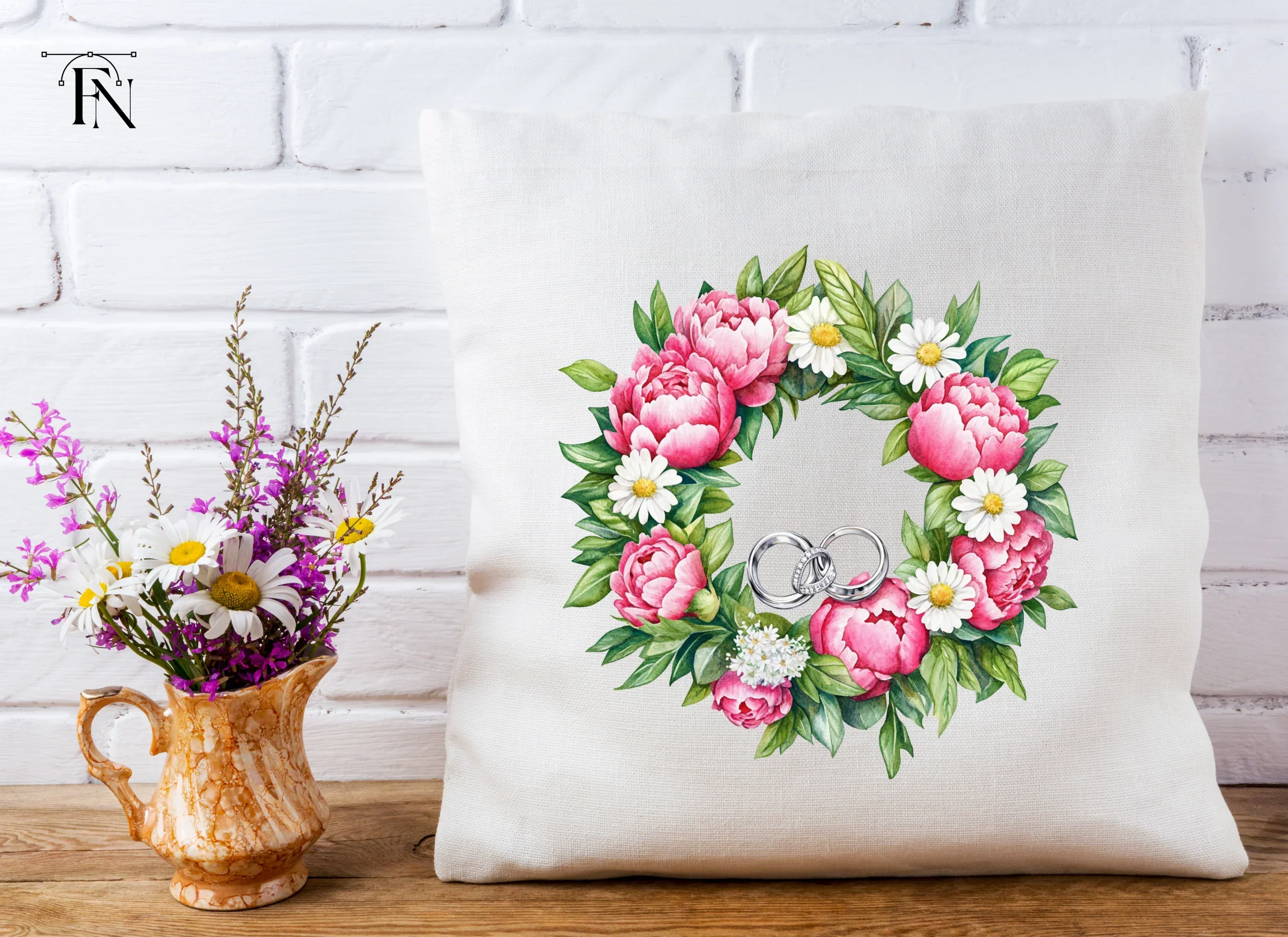 Pink Peony and Daisy Wedding Wreath Clipart Bundle - Image 4