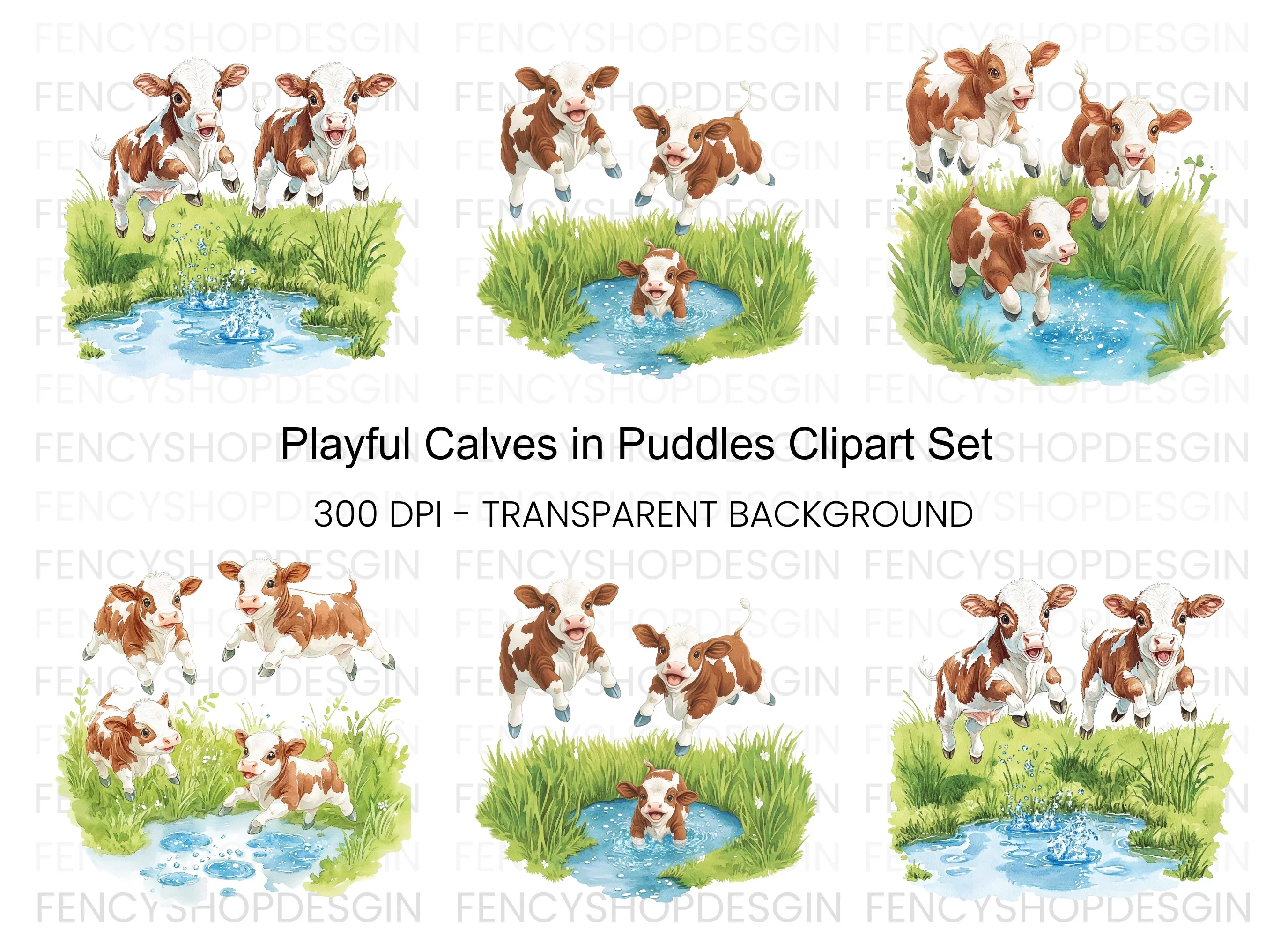 Playful Calves in Water Clipart Bundle