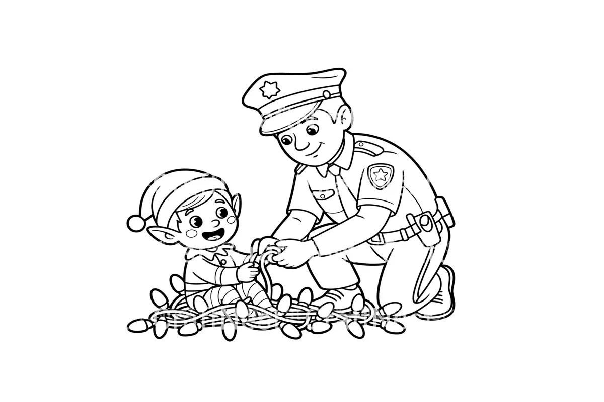 Police Officer and Elf Christmas Lights Coloring Books - Image 2