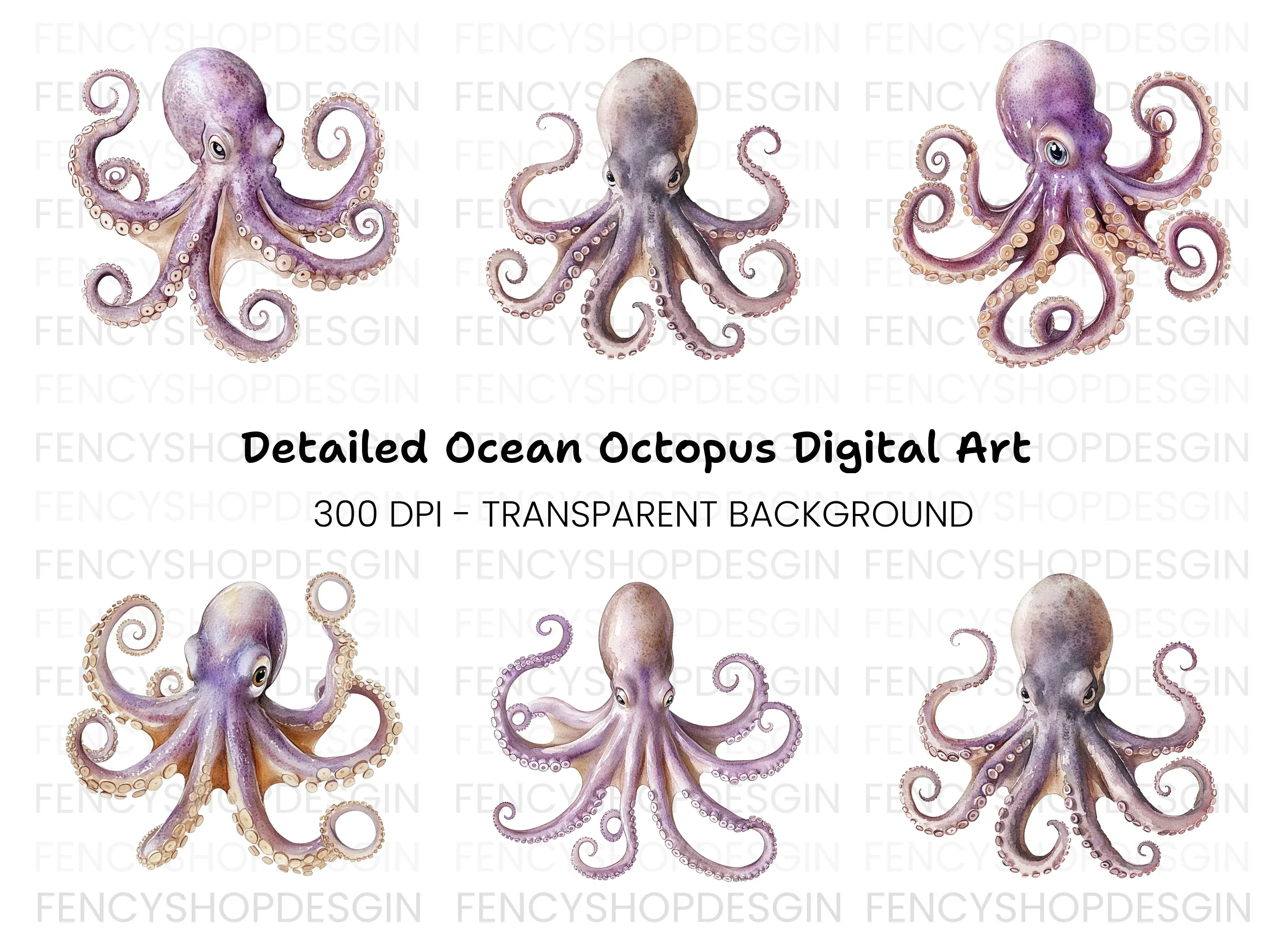 Purple Octopus Illustrations Clipart Bundle