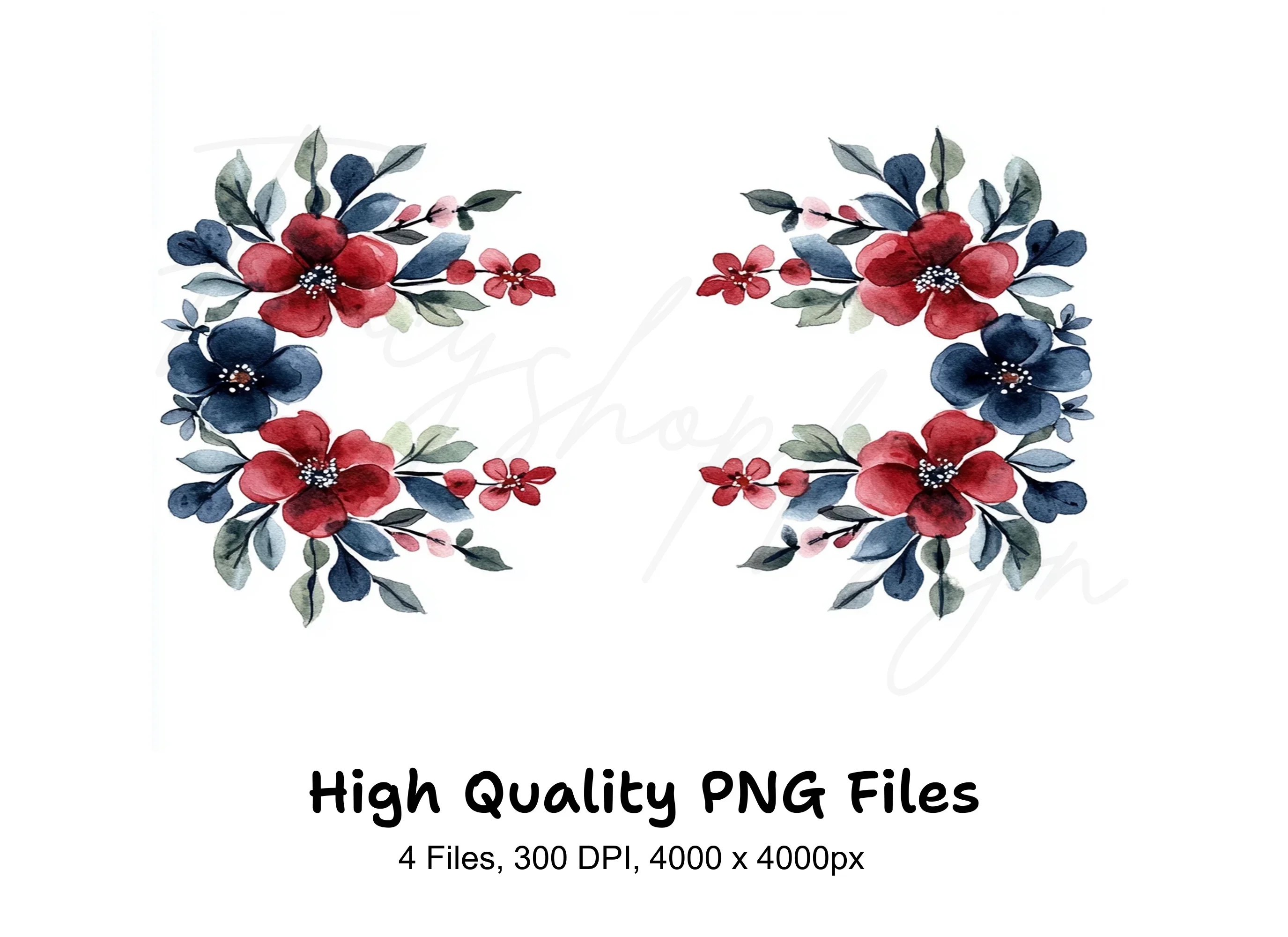 Red Blue Floral Elements Clipart Bundle