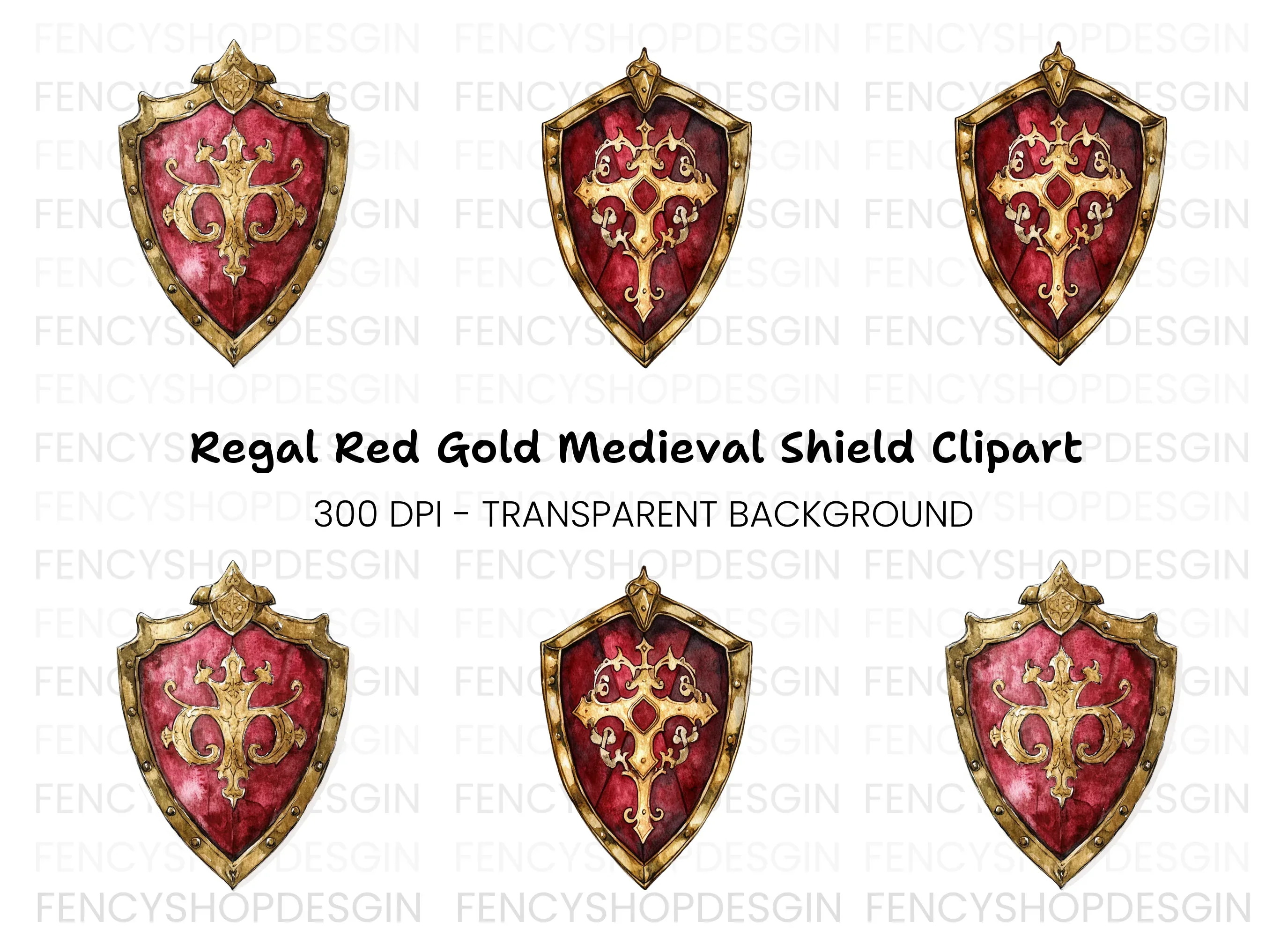 Red Gold Decorative Shield Clipart Bundle
