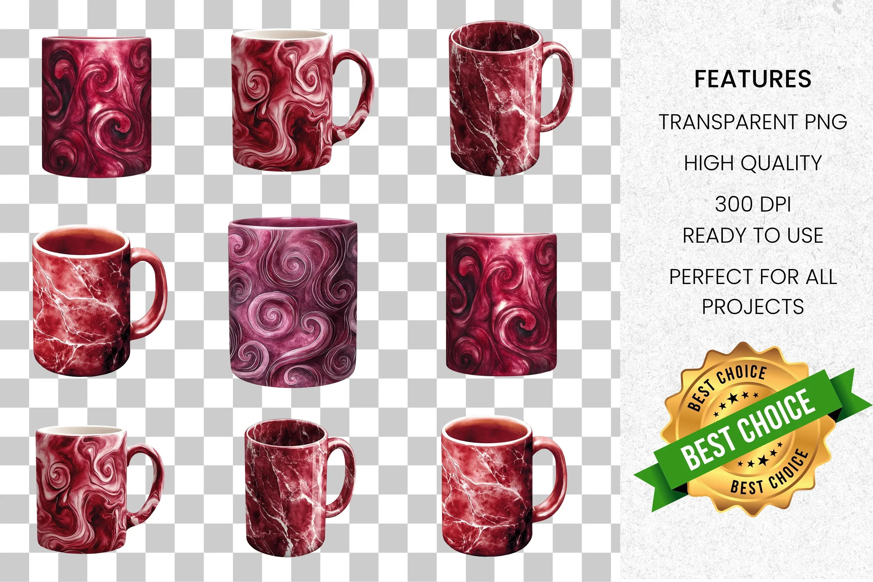 Red Marble Swirl Textured Mugs Clipart Bundle - Image 2