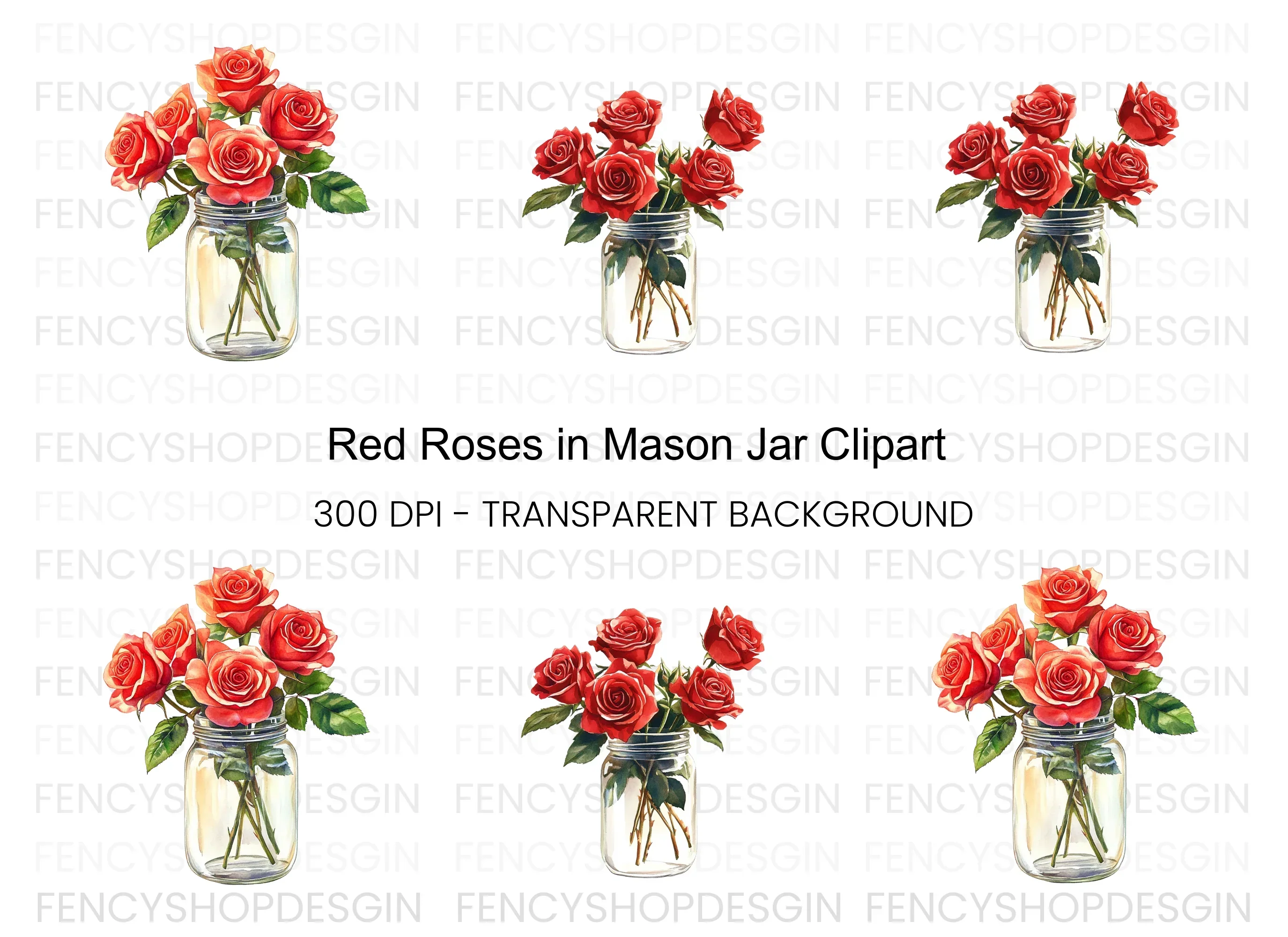 Red Roses in Mason Jars Clipart Bundle - Image 2