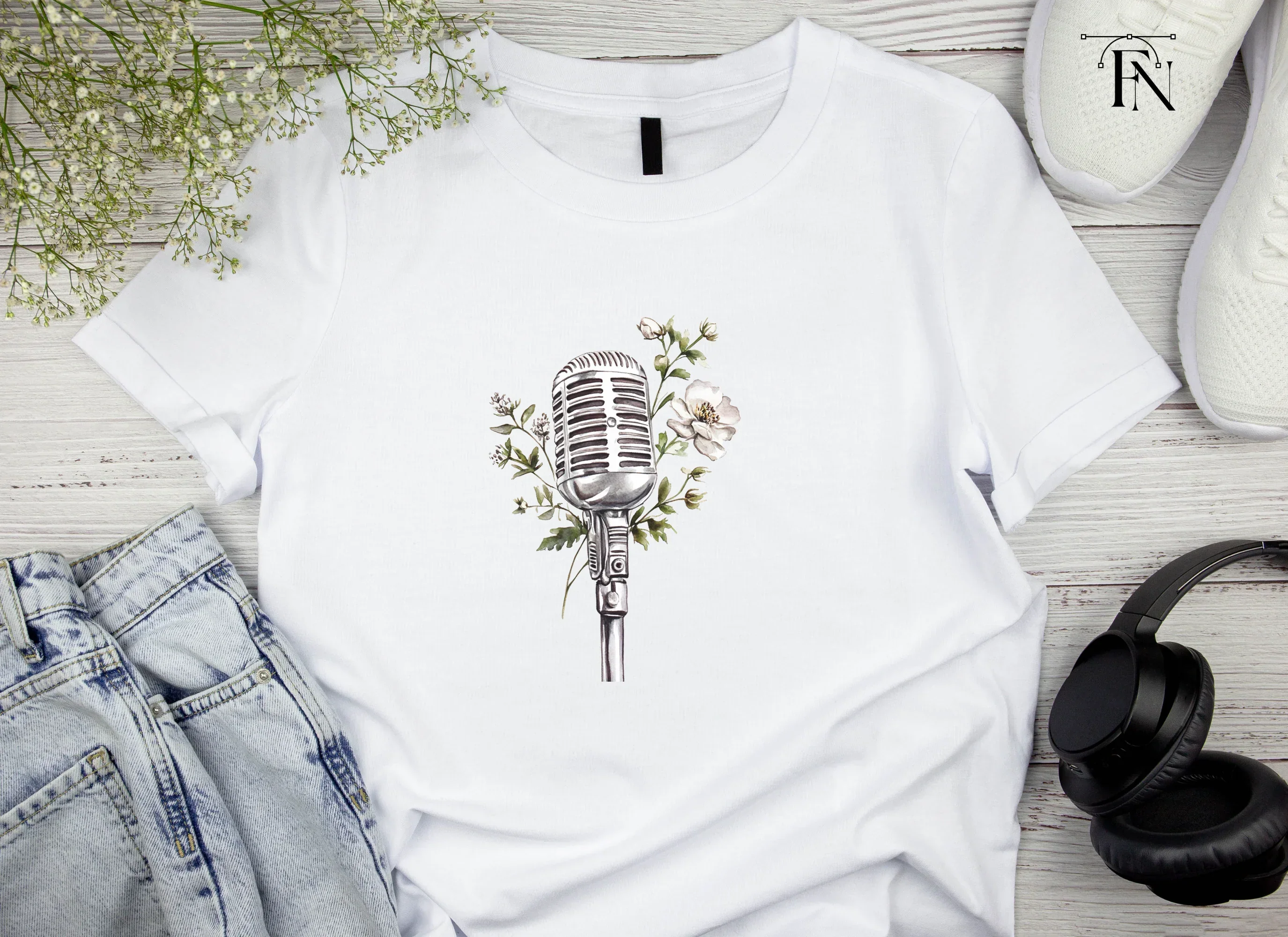 Retro Microphone with White Flowers Clipart Bundle - Image 4