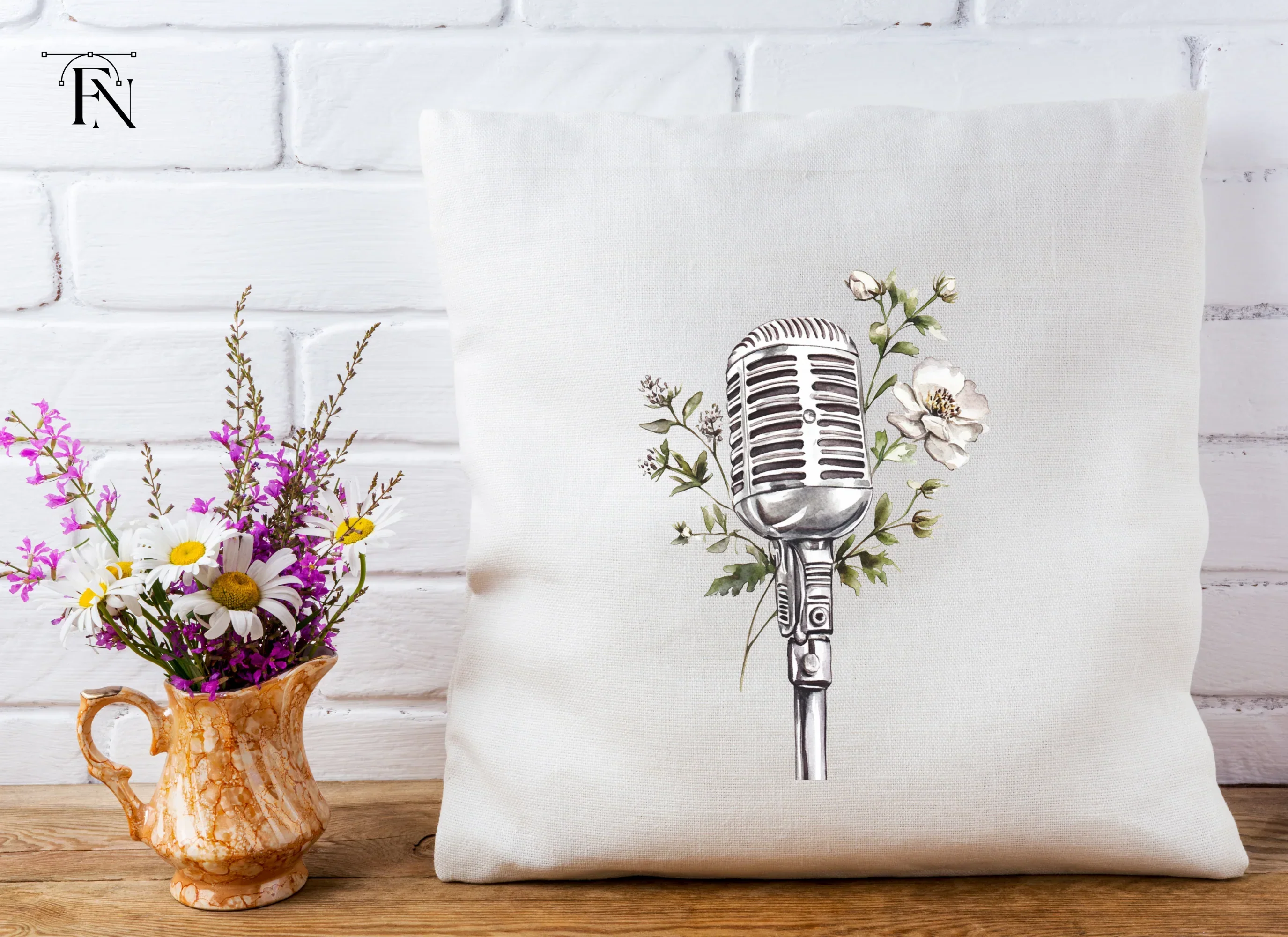 Retro Microphone with White Flowers Clipart Bundle - Image 5