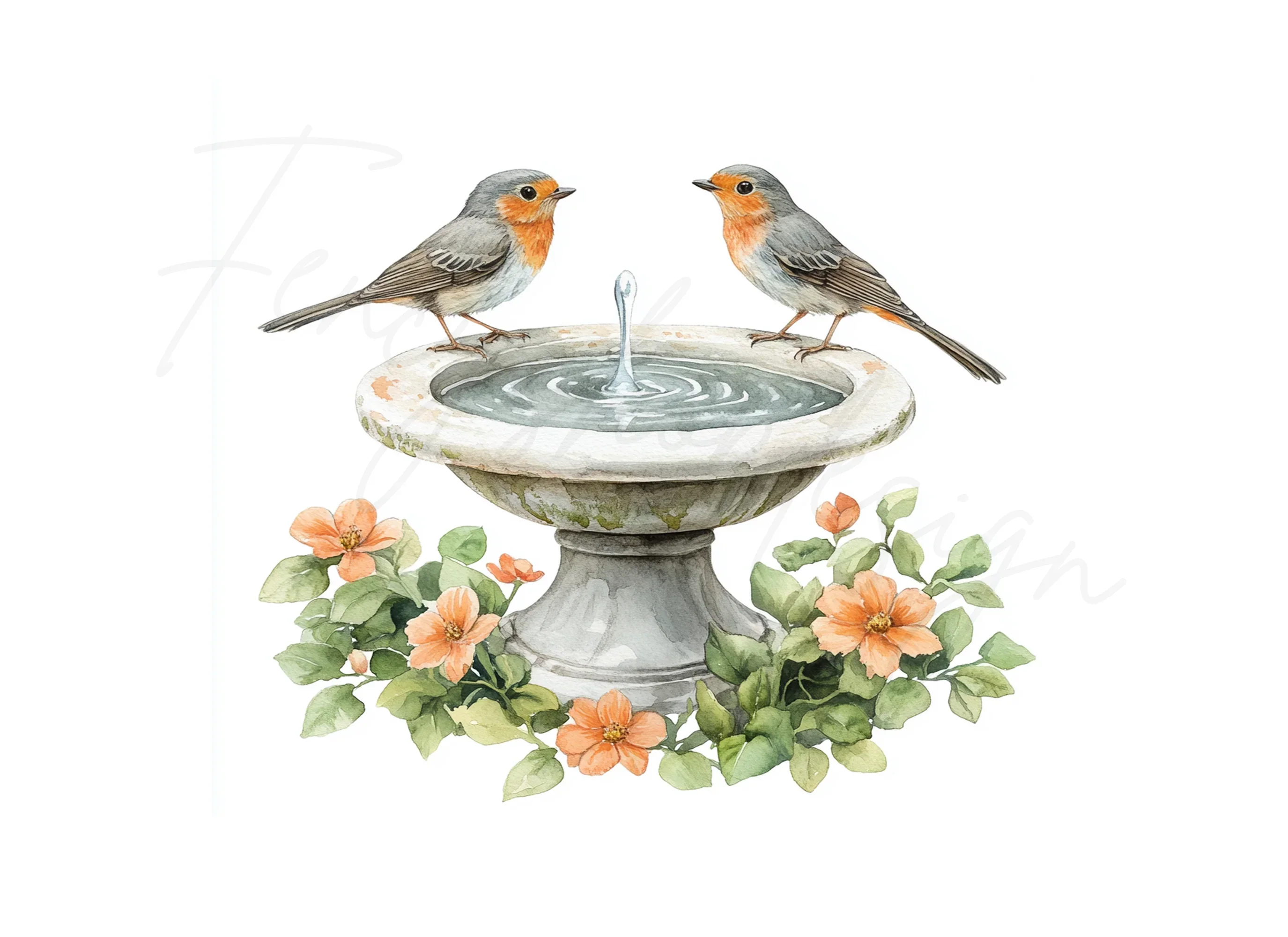 Robin Birds on Bird Bath Clipart Bundle - Image 3